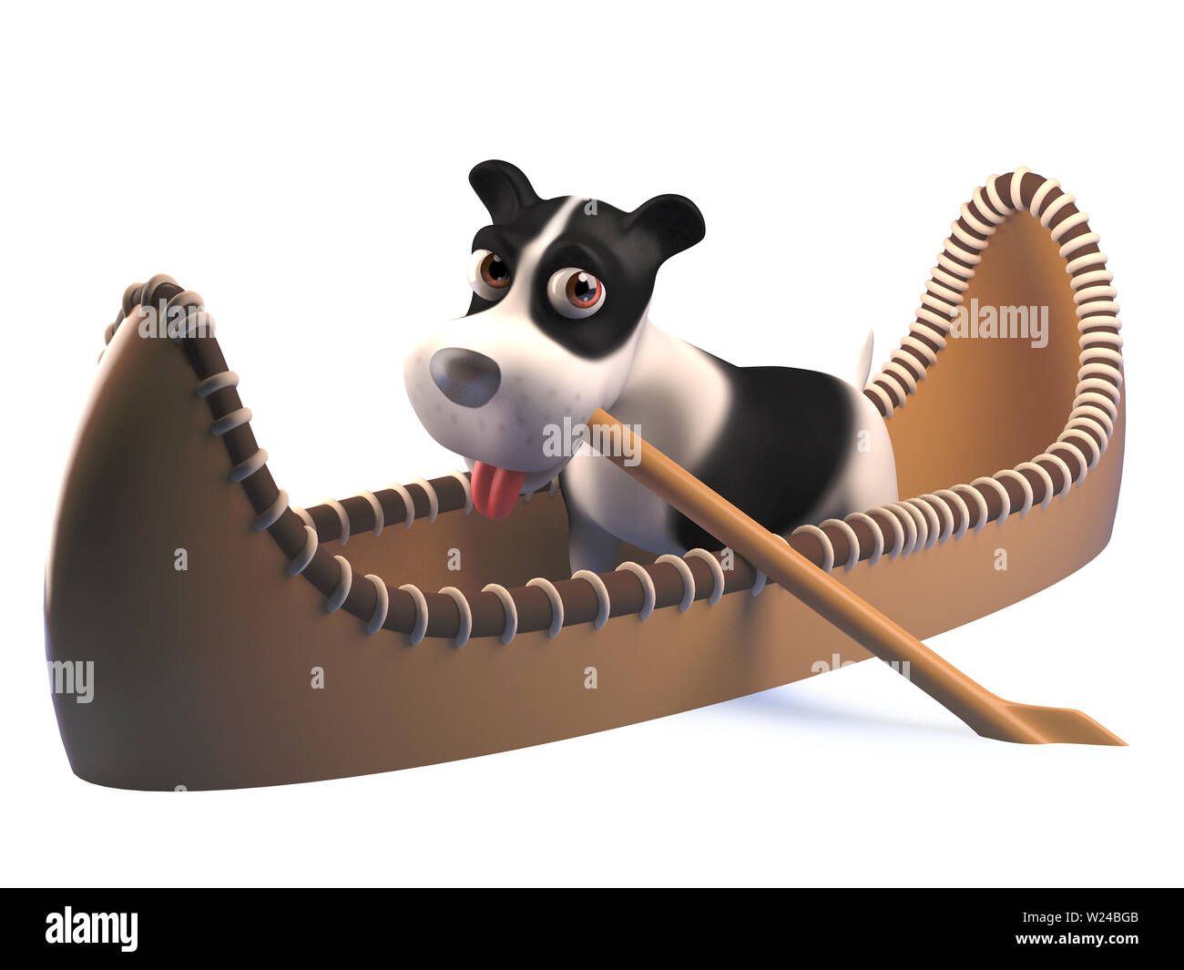 Imagen presentada de una divertida caricatura cachorro de perro en un kayak canoa, ilustración 3d Foto de stock