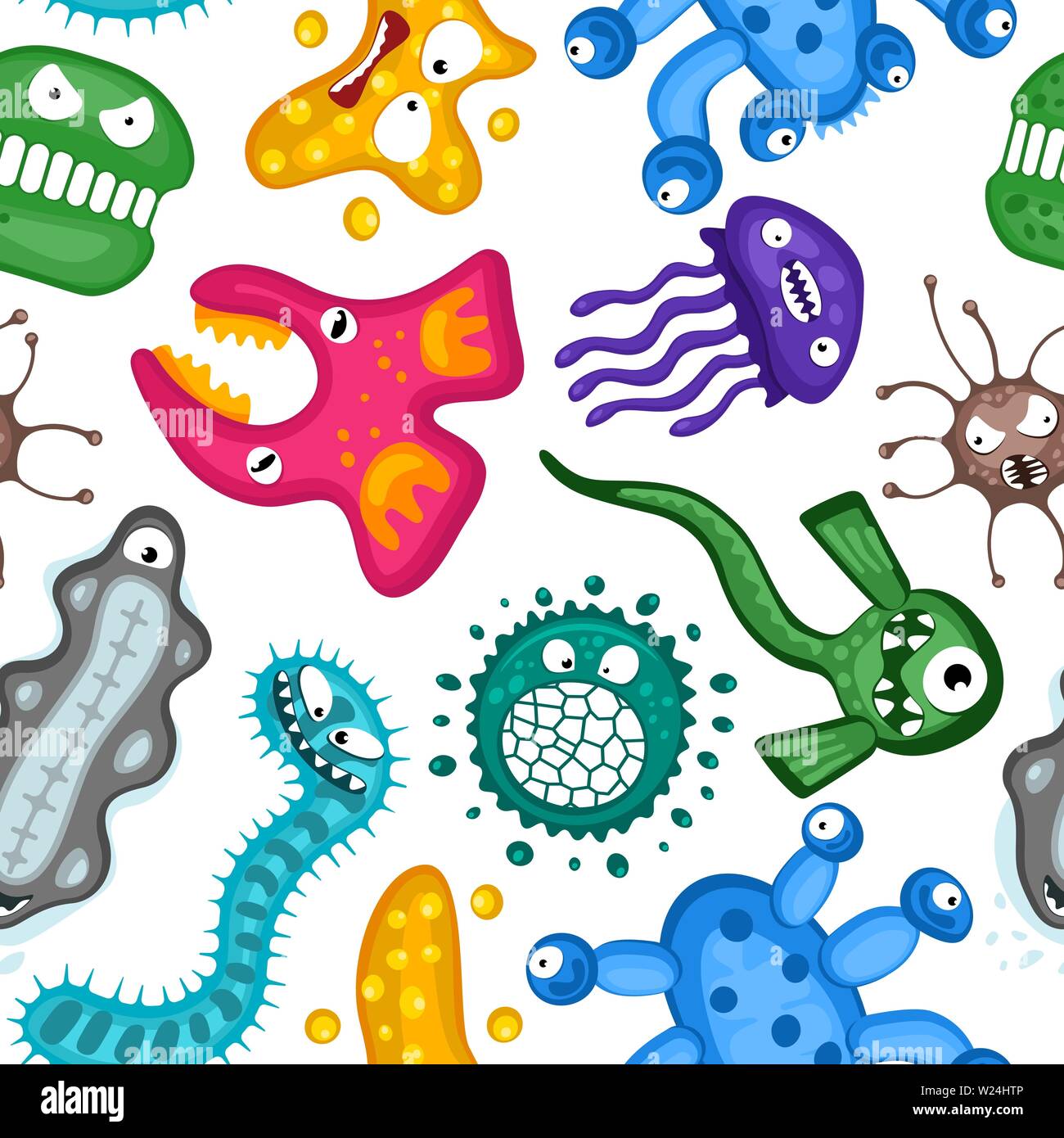 Varios microorganismos virus vector dibujos animados bacterias germen emoticono carácter sin costuras patrón. Ilustración de la microbiología de la infección de la ilness bacteriana. Emociones del organismo microbio sobre fondo blanco EPS10 Ilustración del Vector
