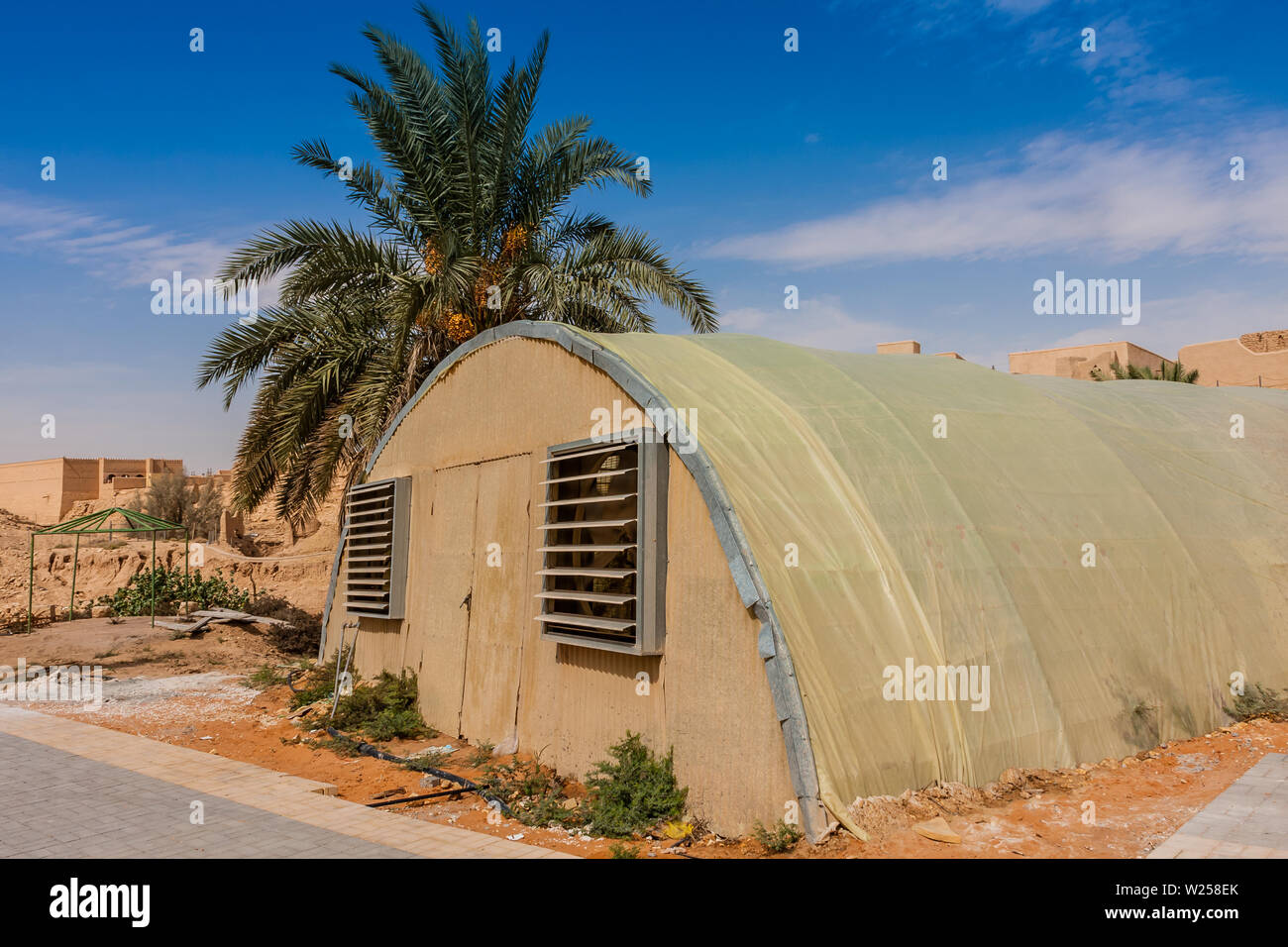 El invernadero de la granja orgánica en Wadi Hanifa cerca de la ciudad histórica de Ad Diriyah, Riad Foto de stock