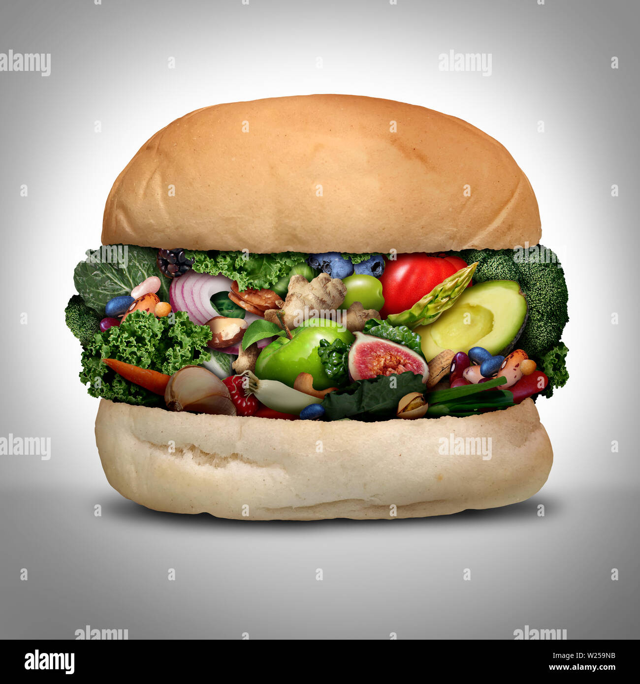Concepto de hamburguesas vegetarianas como una sana hamburguesa verde hecha de granos orgánicos verduras frescas frutas y nueces como un nutritivo bajo colesterol crueldad gratuita. Foto de stock