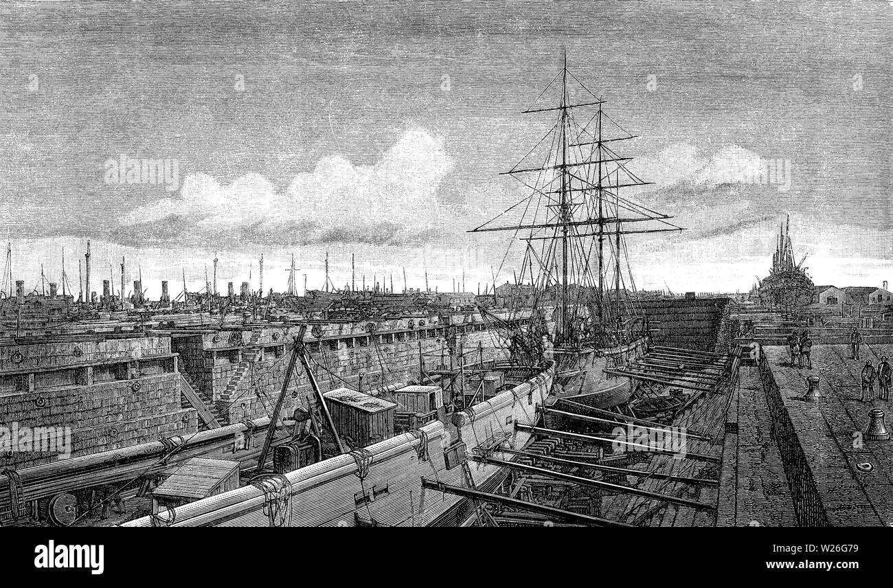 Dry Dock en Bremenhaven puerto marítimo de la ciudad libre hanseática de Bremen, utilizados para la construcción, mantenimiento y reparación de buques, del siglo XIX. Foto de stock