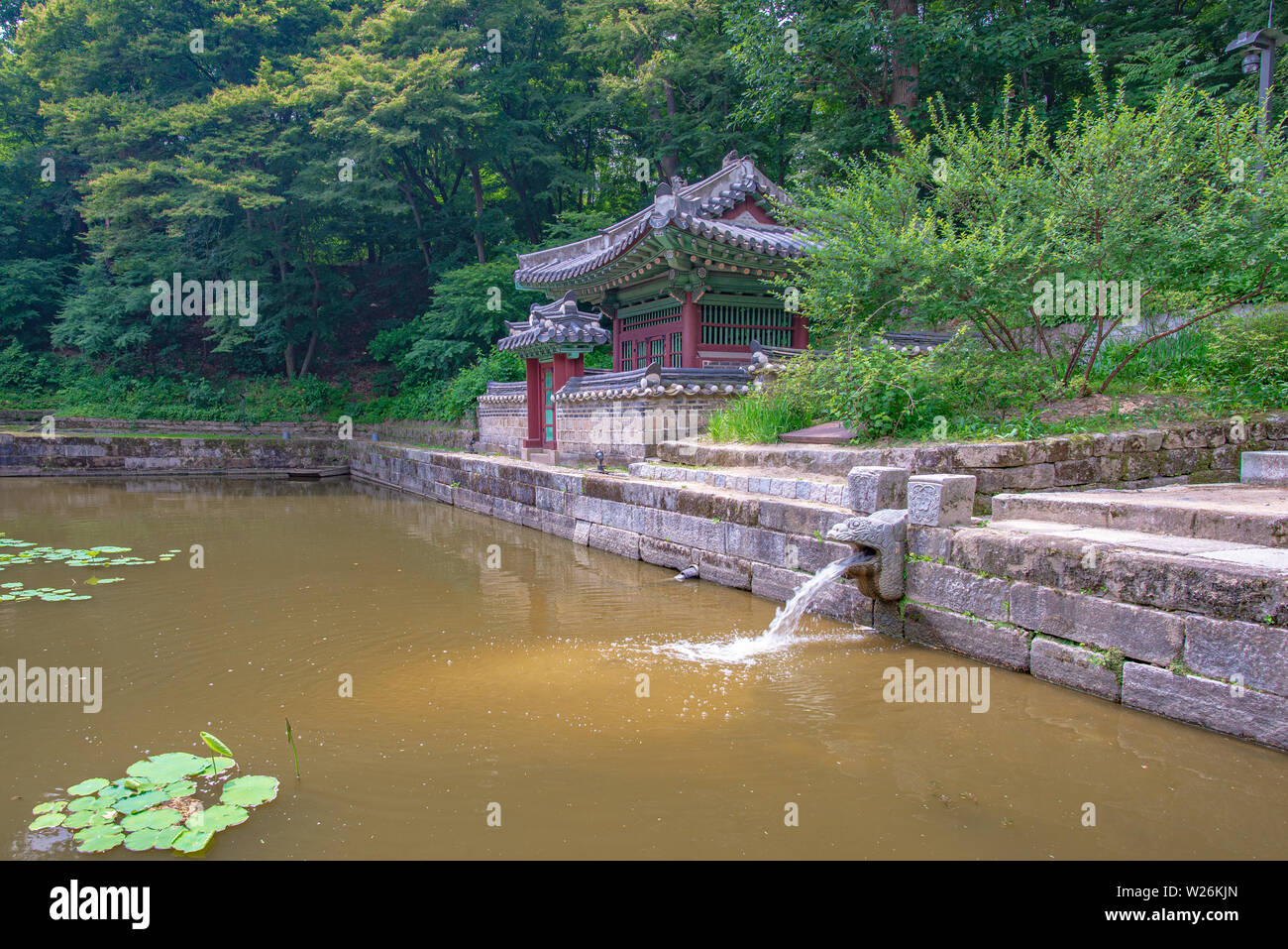 Un estanque y una pequeña cascada en el Jardín Secreto del palacio de Changdeokgung en verano, Seúl, Corea Foto de stock