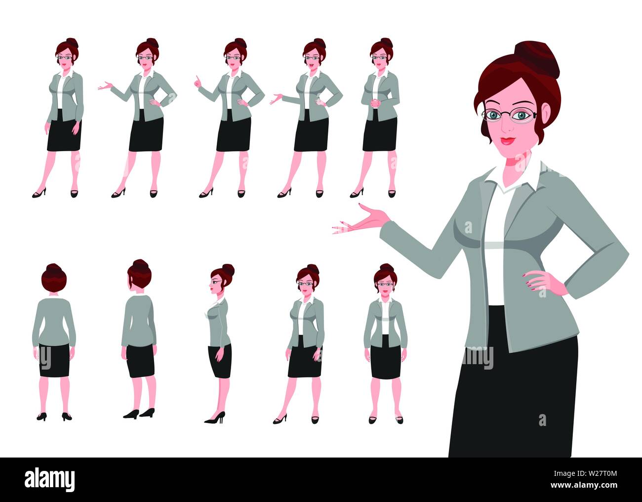 Mujer de negocios personaje Hoja modelo y turnarround Imagen Vector de  stock - Alamy