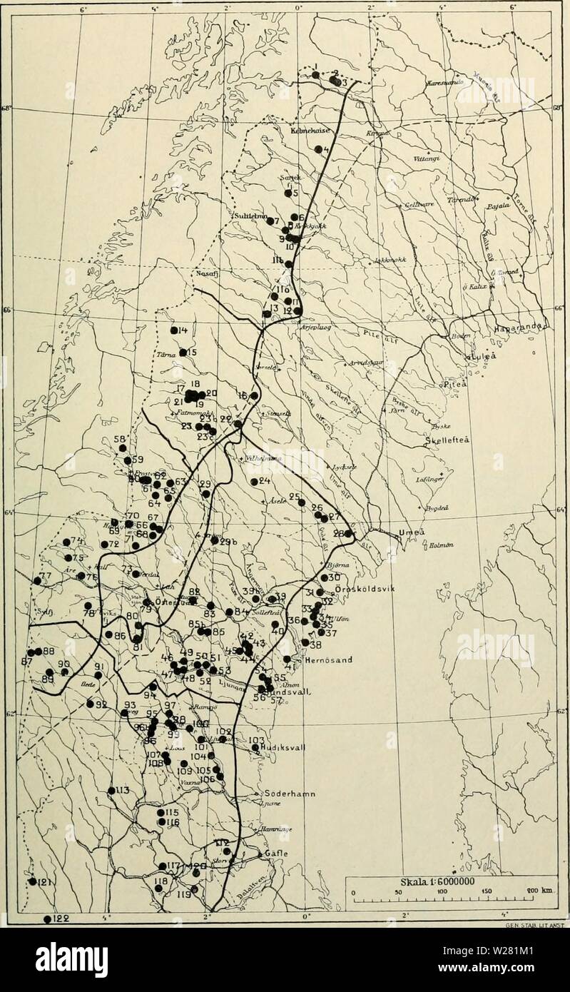 Imagen de archivo de la página 340 de Den norrländska florans geografiska. Den norrländska florans : geografiska fördelning och invandringshistoria ; med särskild hänsyn till dess sydskandinaviskar arter dennorrlndskaf00ande Año: 1912 KARTOR OCH STà Kartan NDORTER 325 i. Sydbergens là¤ge. à äro utom kartan samtliga sydberg äfven inlagda isdelaren ( ) samt gränserna (â ) för de olika omrÃ¥den, yo hvilka Norrland med hänsyn hasta sambandet mellan topografi och vía¤xtgeografi ofvan s. 36 uppdelats. Jfr äfven texten s. 72. Foto de stock