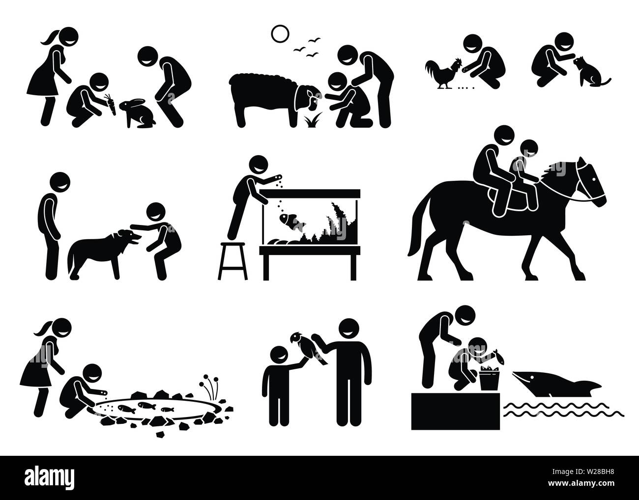 La gente alimentar e interactuar con animales domésticos. Stick ilustraciones retratan niños alimentar las ovejas, conejo, pollo, pescado, y los delfines. Th Ilustración del Vector