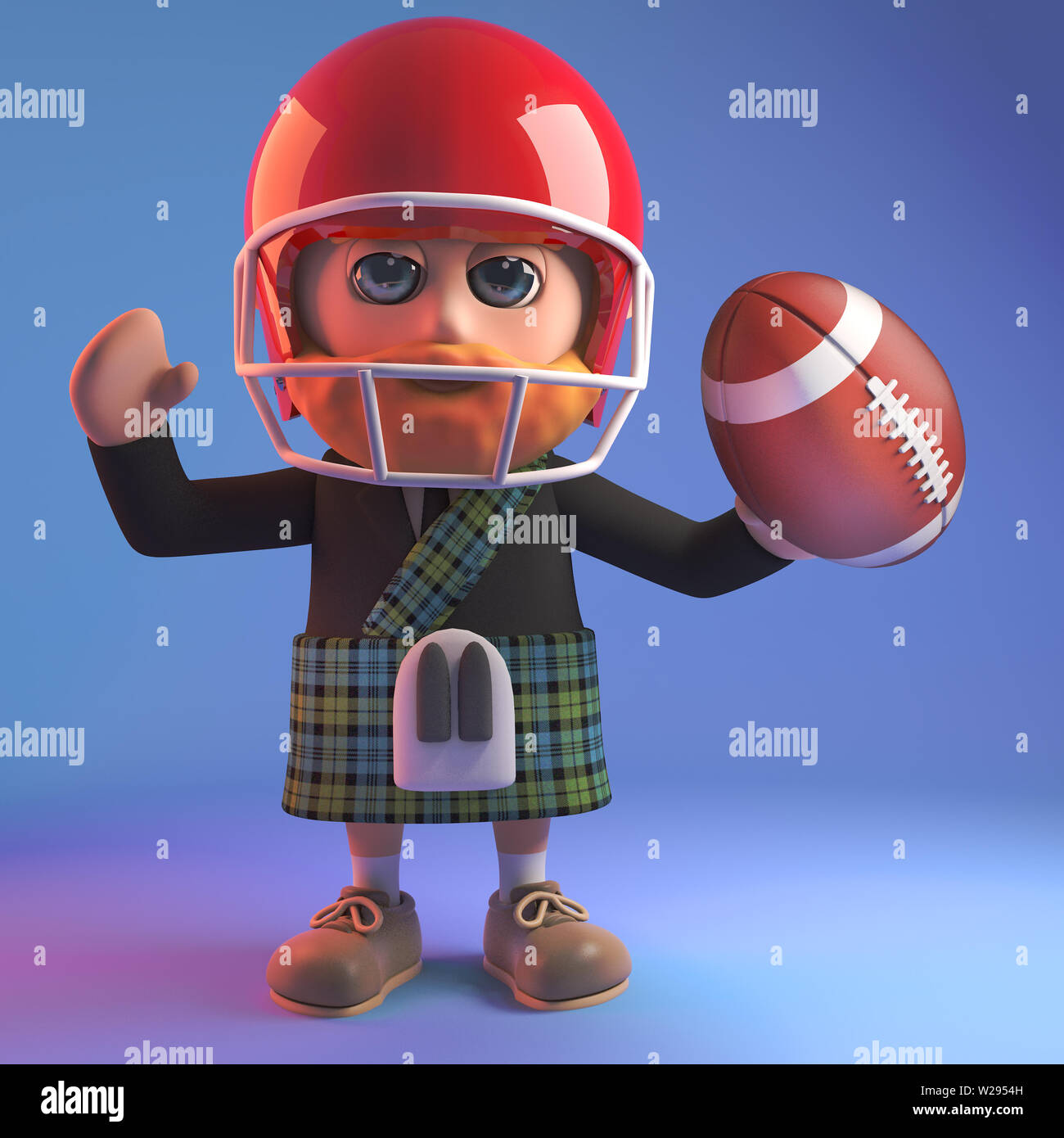 Deportes mad man en falda escocesa jugando fútbol americano, ilustración 3D Render Foto de stock