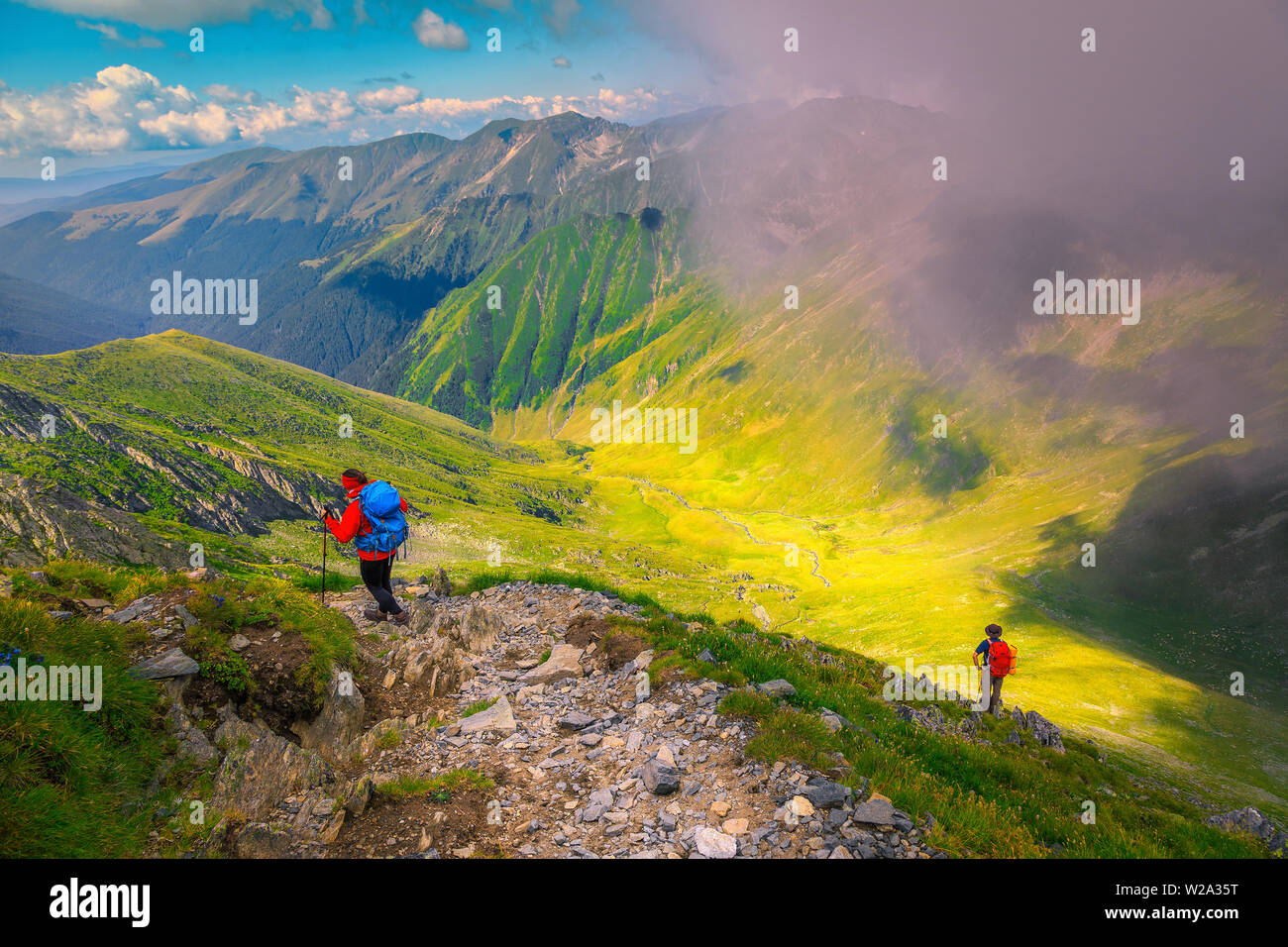 Deportivo mochilero activo grupo de excursionistas en el Misty Mountain senderos, Fagaras Montañas Cárpatos, Rumania, Europa Foto de stock