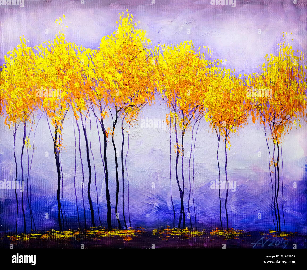 Aceite, colorido paisaje pintura acrílico amarillo árboles rojos. Pintado a  mano impresionista, el paisaje exterior Fotografía de stock - Alamy