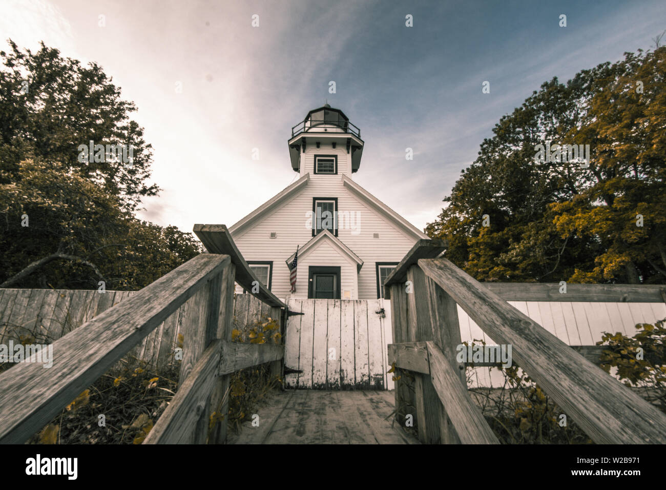 La antigua misión de punto Faro en Michigan. La antigua Misión Point Lighthouse es un hito popular en Michigan. Foto de stock