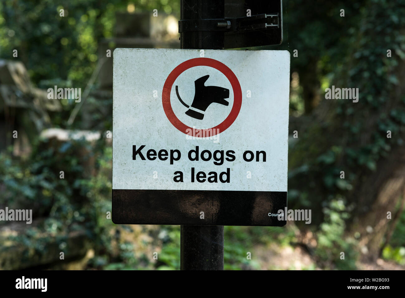 El Consejo firman que requieren los perros se mantengan en un conductor. Foto de stock