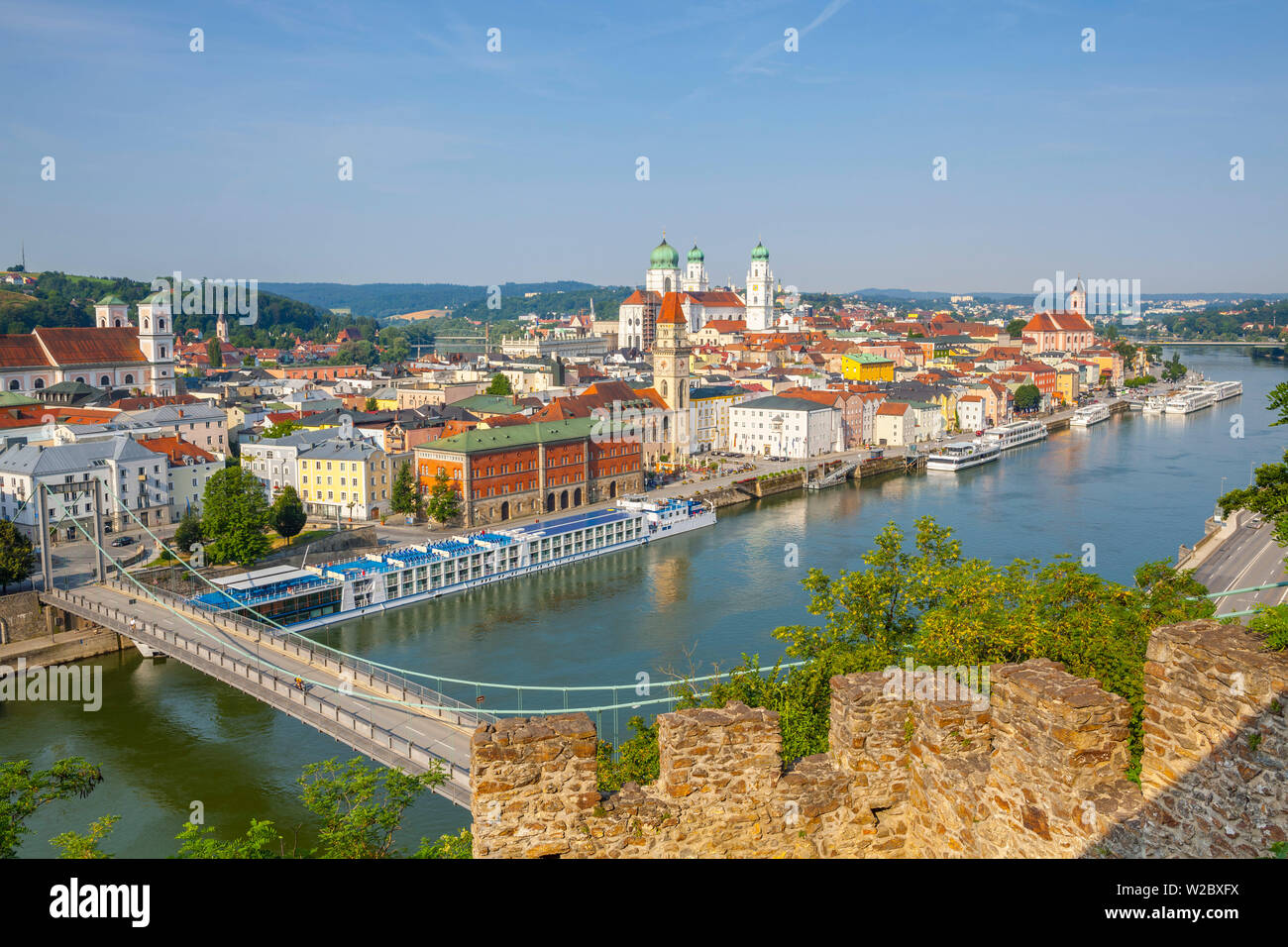 Ver elevados más vieja ciudad Passau y el río Danubio, Passau, Baja Baviera, Baviera, Alemania Foto de stock