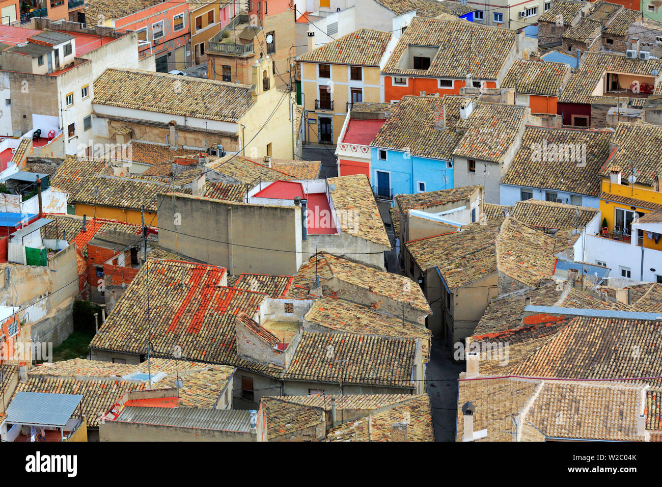 Paisaje urbano desde la Atalaya, el Castillo de Villena, Comunidad Valenciana, España Foto de stock