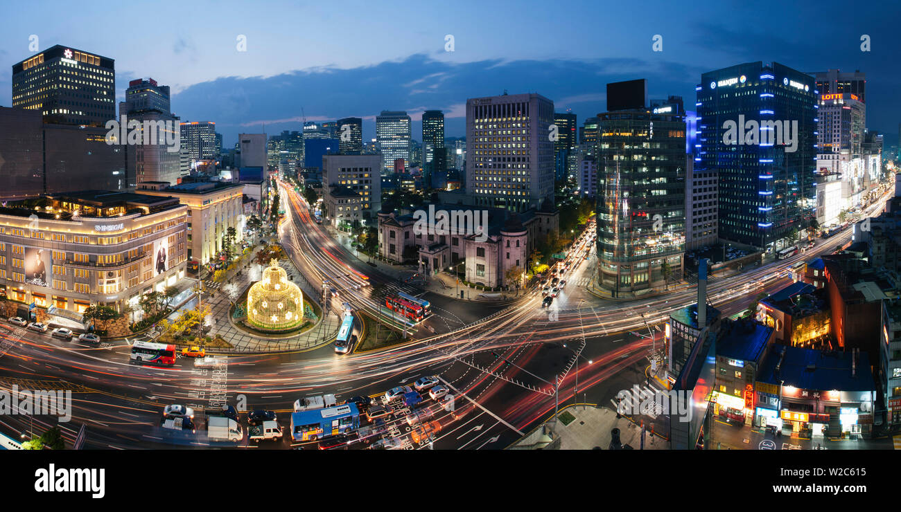 Vistas elevadas Fountain Square, el Banco de Corea, el distrito financiero, Seúl, Corea del Sur Foto de stock