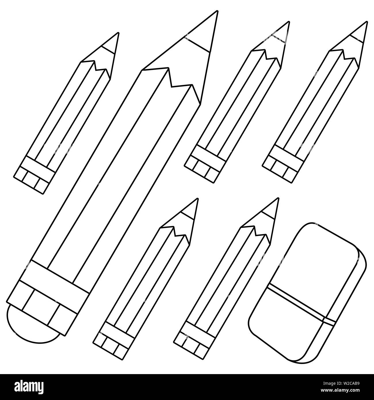 Lápices de colores y goma de borrar. Blanco y negro para colorear la  ilustración de la página Fotografía de stock - Alamy