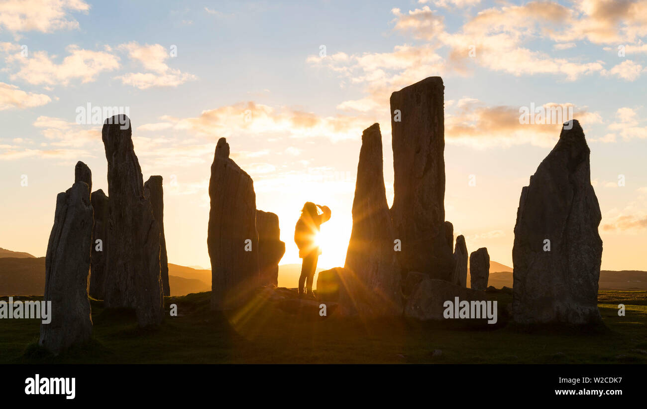 Sunset, Callanish Standing Stones, la isla de Lewis, Hébridas Exteriores, Escocia Foto de stock