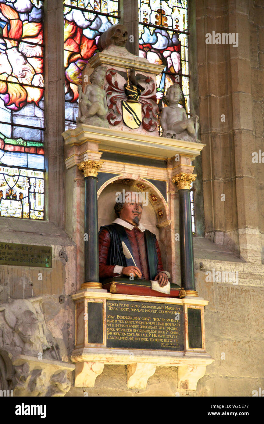William Shakespeare's monumento funerario, la Iglesia de la Santísima Trinidad, Stratford-upon-Avon, Warwickshire, Reino Unido Foto de stock