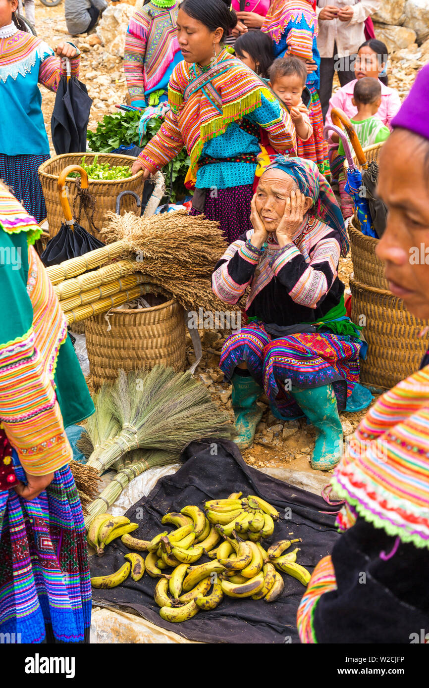 Los miembros de las tribus hmong de flores en el mercado de Bac Ha, nr nr, SAPA, Vietnam Foto de stock