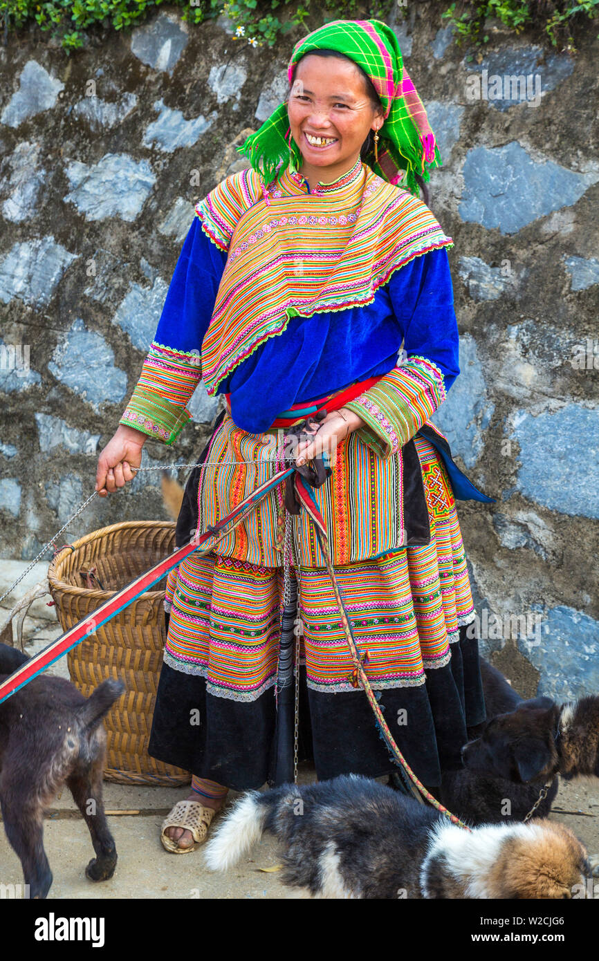 Flor Hmong mujer vendiendo perros, mercado dominical, Bac Ha, Vietnam Foto de stock