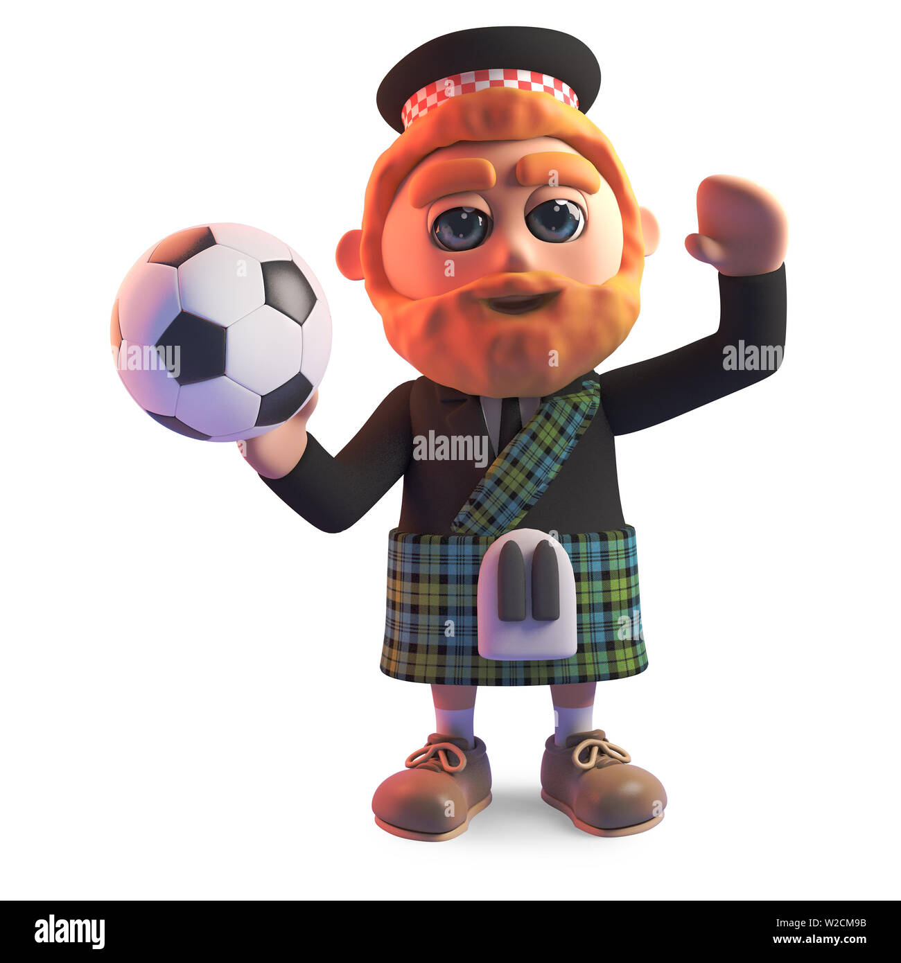 Cartoon escocés tradicional en falda listo para lanzar un balón de fútbol, ilustración 3D Render Foto de stock