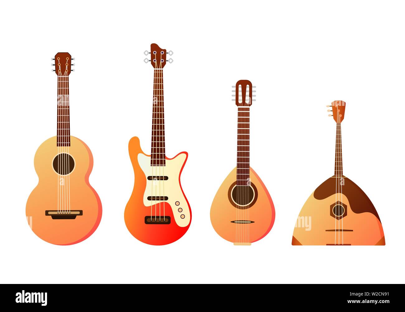 Conjunto de instrumentos musicales de cuerda. Colección de balalaika, arpa, contrabajo, violín, guitarra. Diseño de presentaciones de carteles, volantes, post Ilustración del Vector