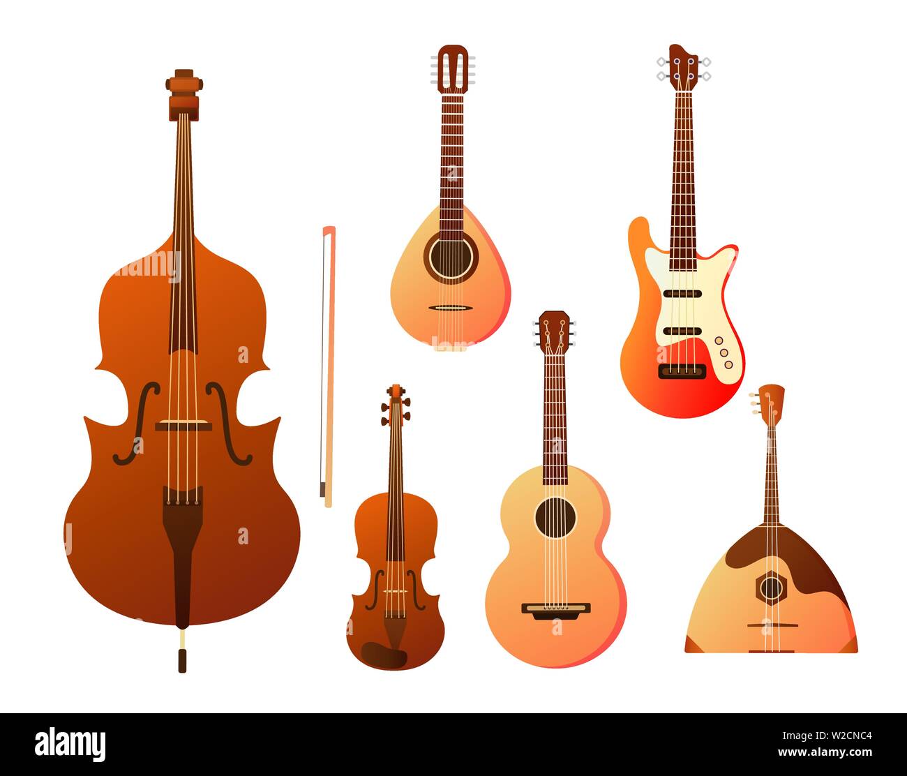 Conjunto de instrumentos musicales de cuerda. Colección de balalaika, arpa, contrabajo, violín, guitarra. Diseño de presentaciones de carteles, volantes Ilustración del Vector