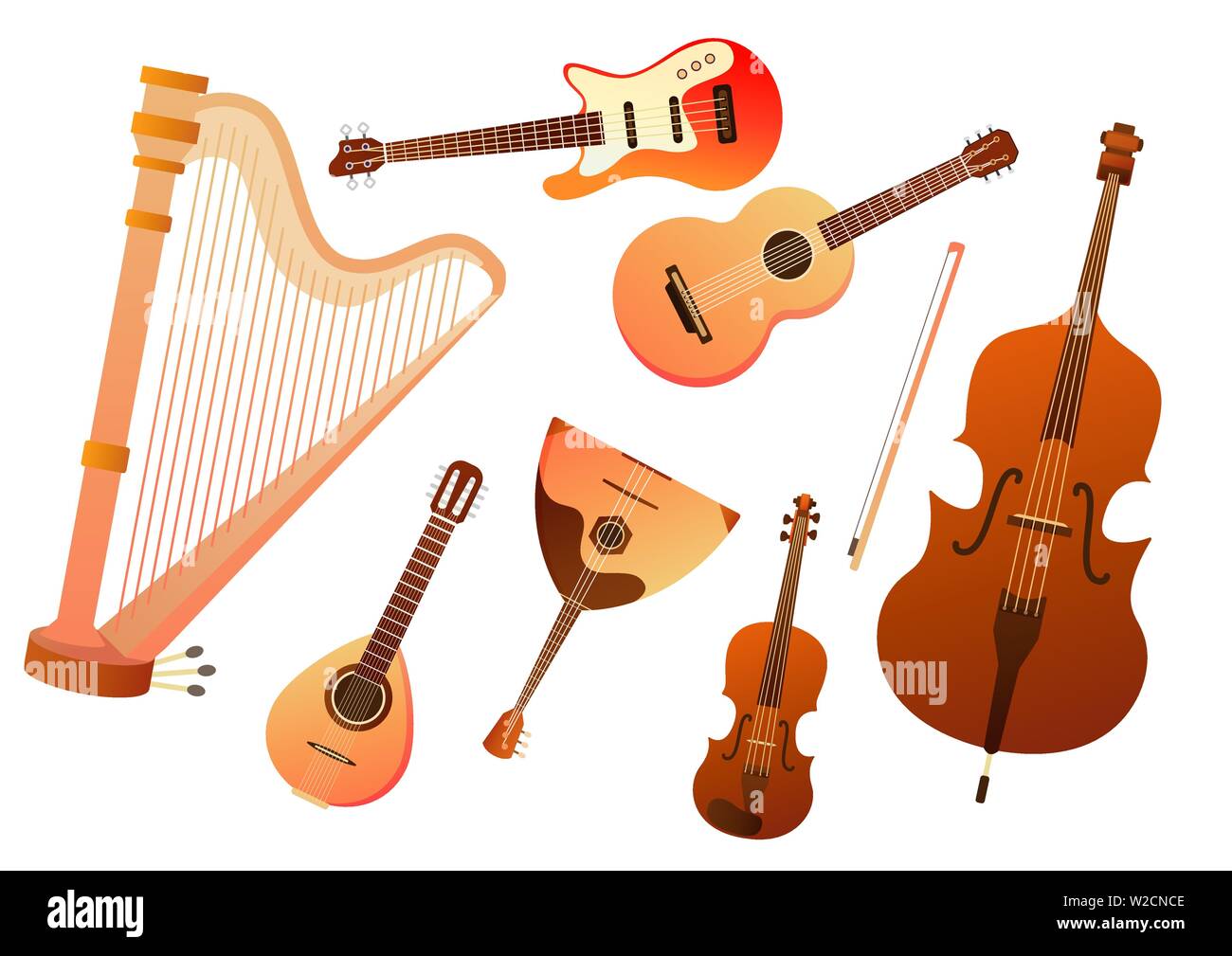 Conjunto de instrumentos musicales de cuerda. Colección de balalaika, arpa, contrabajo, violín, guitarra. Diseño de presentaciones de carteles, volantes Ilustración del Vector