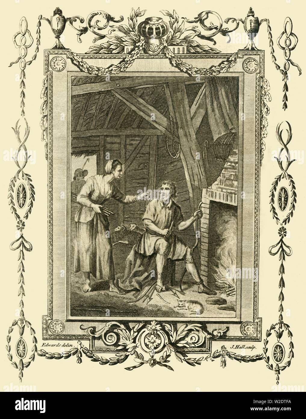 'King Alfred disfrazada reprendido por la esposa del rebaño aseado para dejar los pasteles quemar', (c878), 1783. Creador: Desconocido. Foto de stock