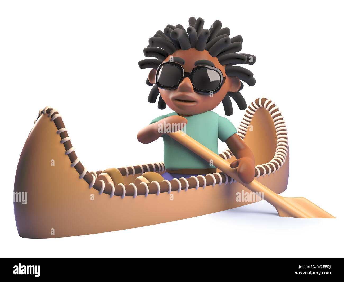 Imagen presentada de una caricatura negro hombre rastafari remando un kayak canoa, ilustración 3d Foto de stock
