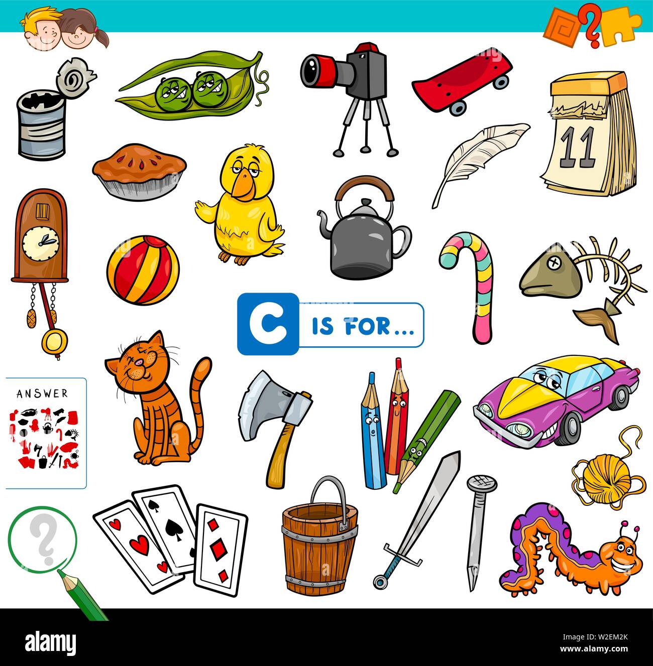 Ilustración de dibujos animados de encontrar la imagen que empiezan con la letra  C Hoja de juegos educativos para niños Imagen Vector de stock - Alamy