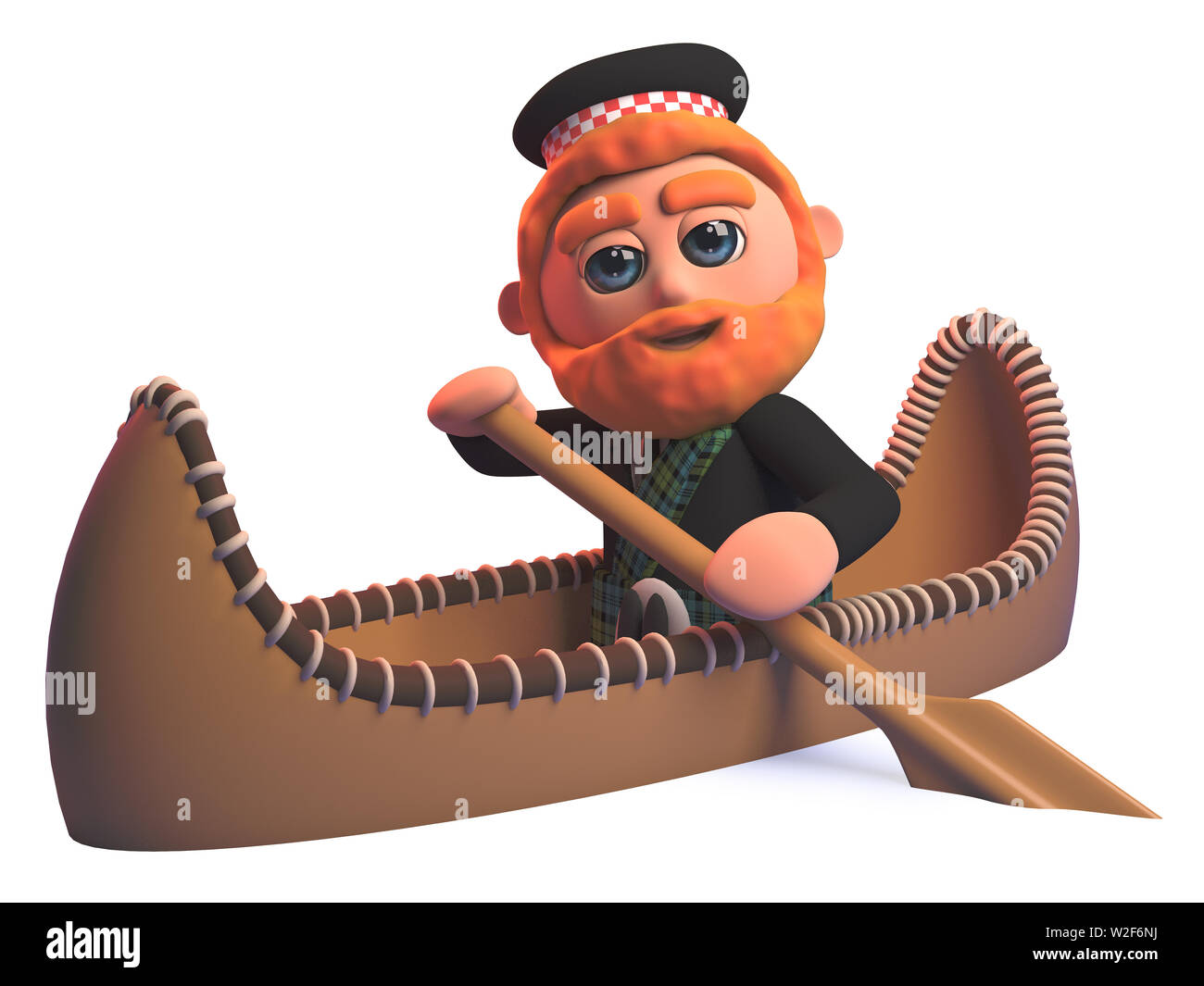 Imagen renderizada de un divertido dibujos animados en 3D hombre Escocés en falda remando un kayak canoa Foto de stock
