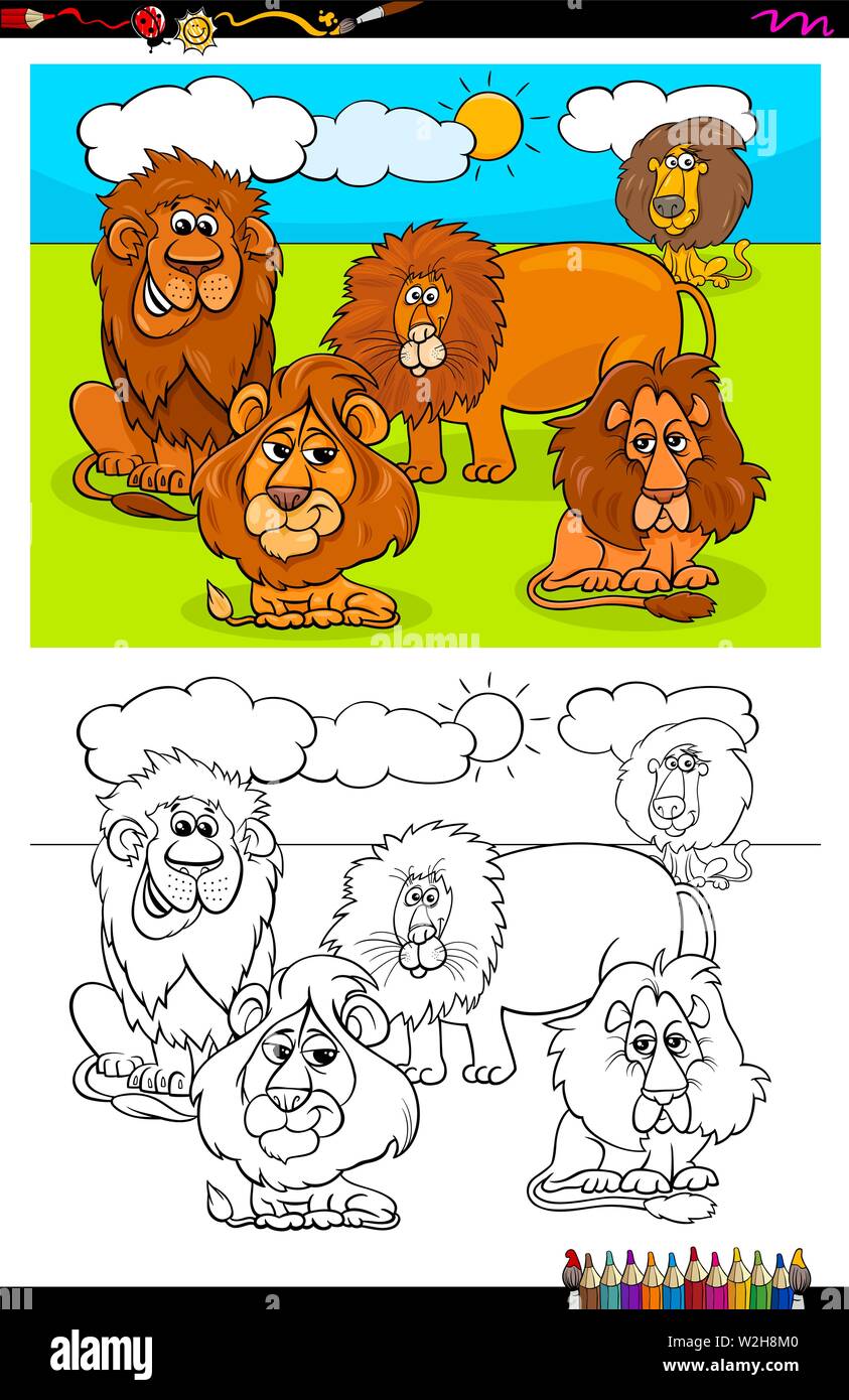 Cartoon Ilustración de divertidos personajes de animales Leones Coloring Book Actividad Ilustración del Vector