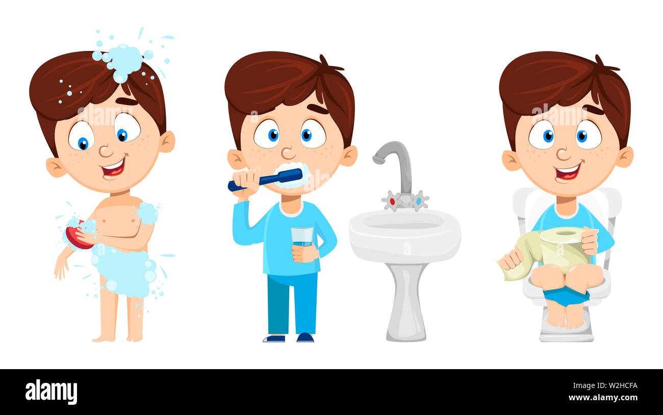 Niño en el baño, conjunto de tres poses. Cute kid, gracioso personaje de  dibujos animados. Concepto de higiene. Ilustración vectorial Imagen Vector  de stock - Alamy