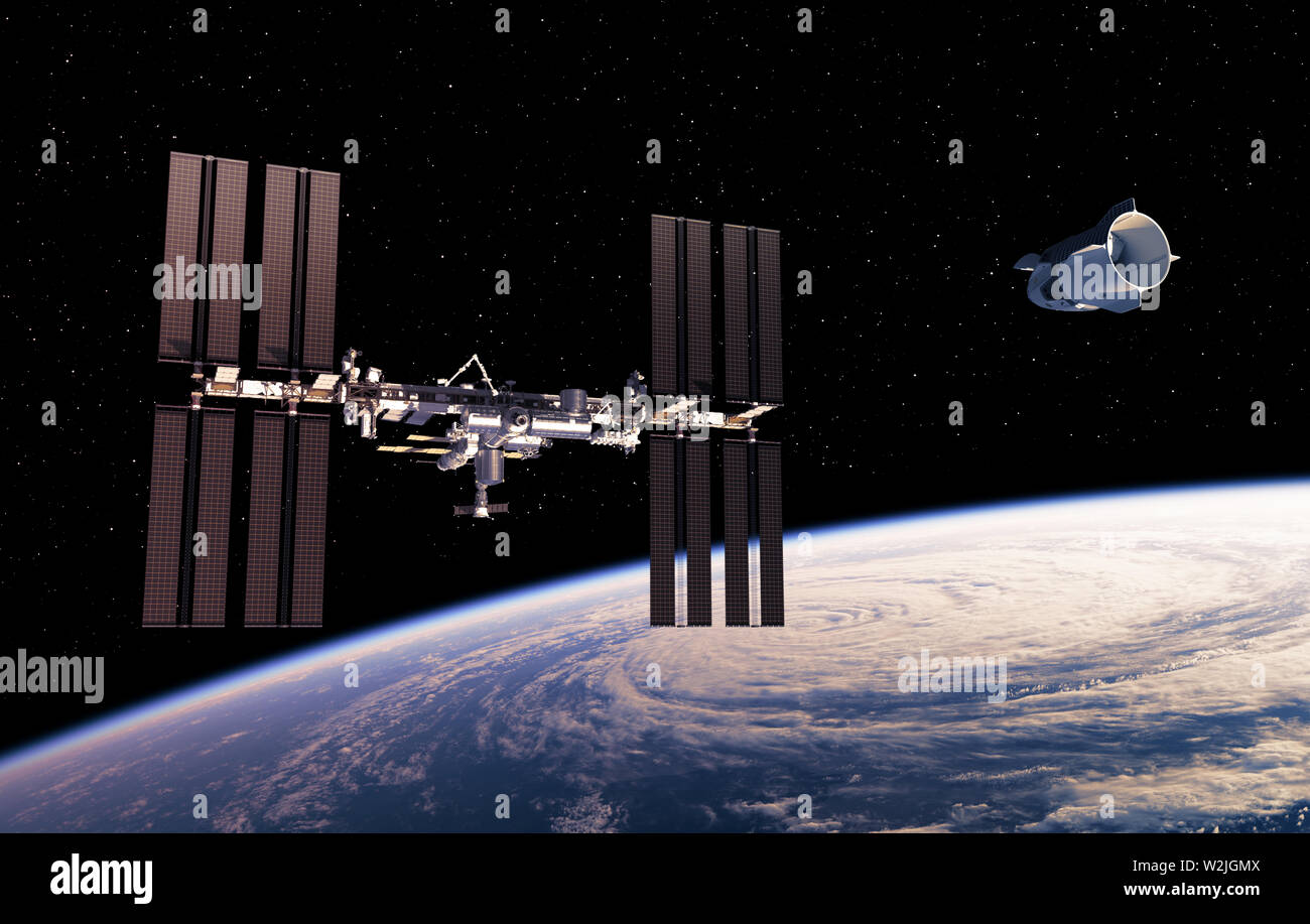 Nave espacial comercial y de la Estación Espacial Internacional en el espacio. Ilustración 3D. Foto de stock