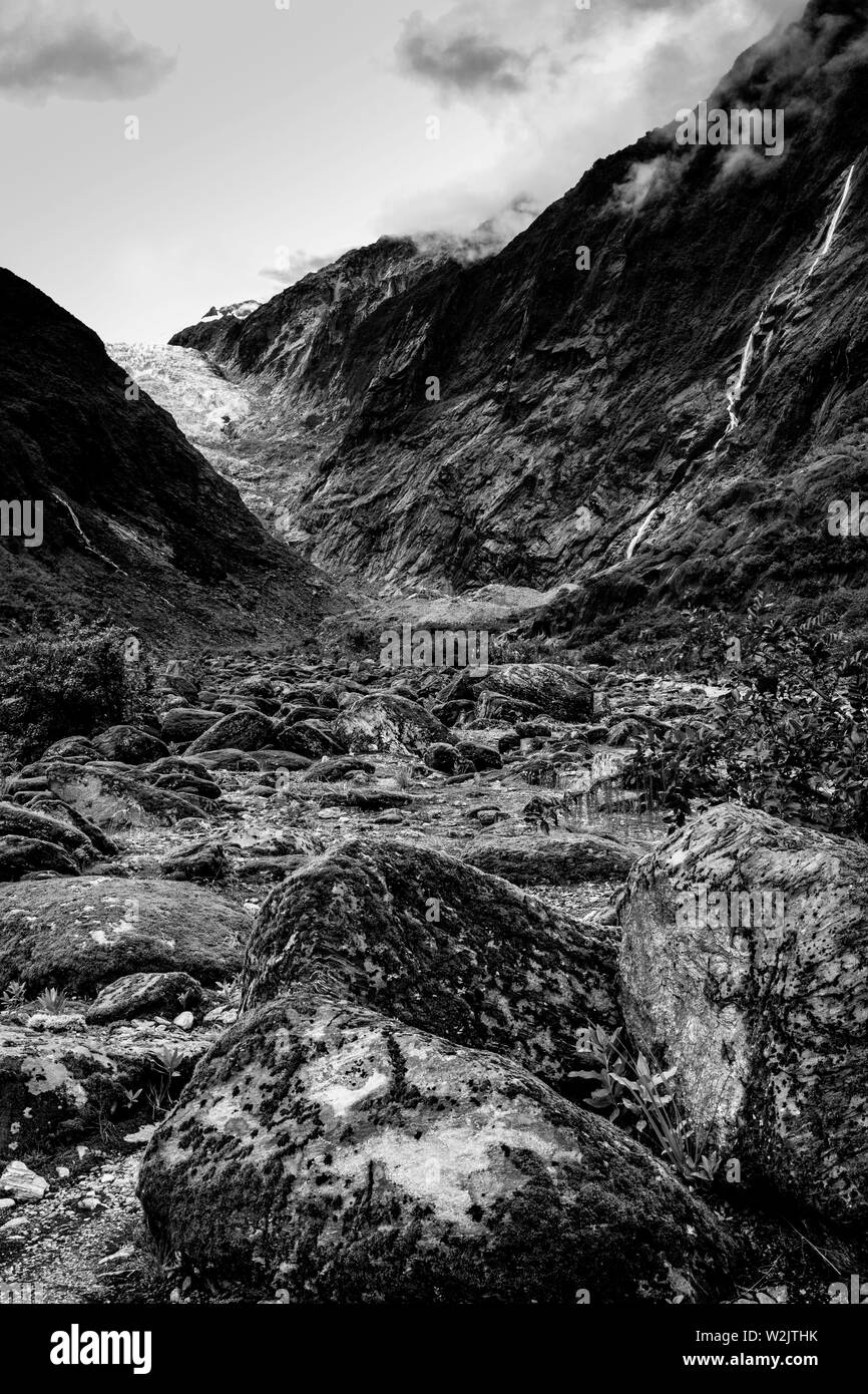 El suelo del valle, el glaciar Franz Josef, Isla del Sur, Nueva Zelanda Foto de stock