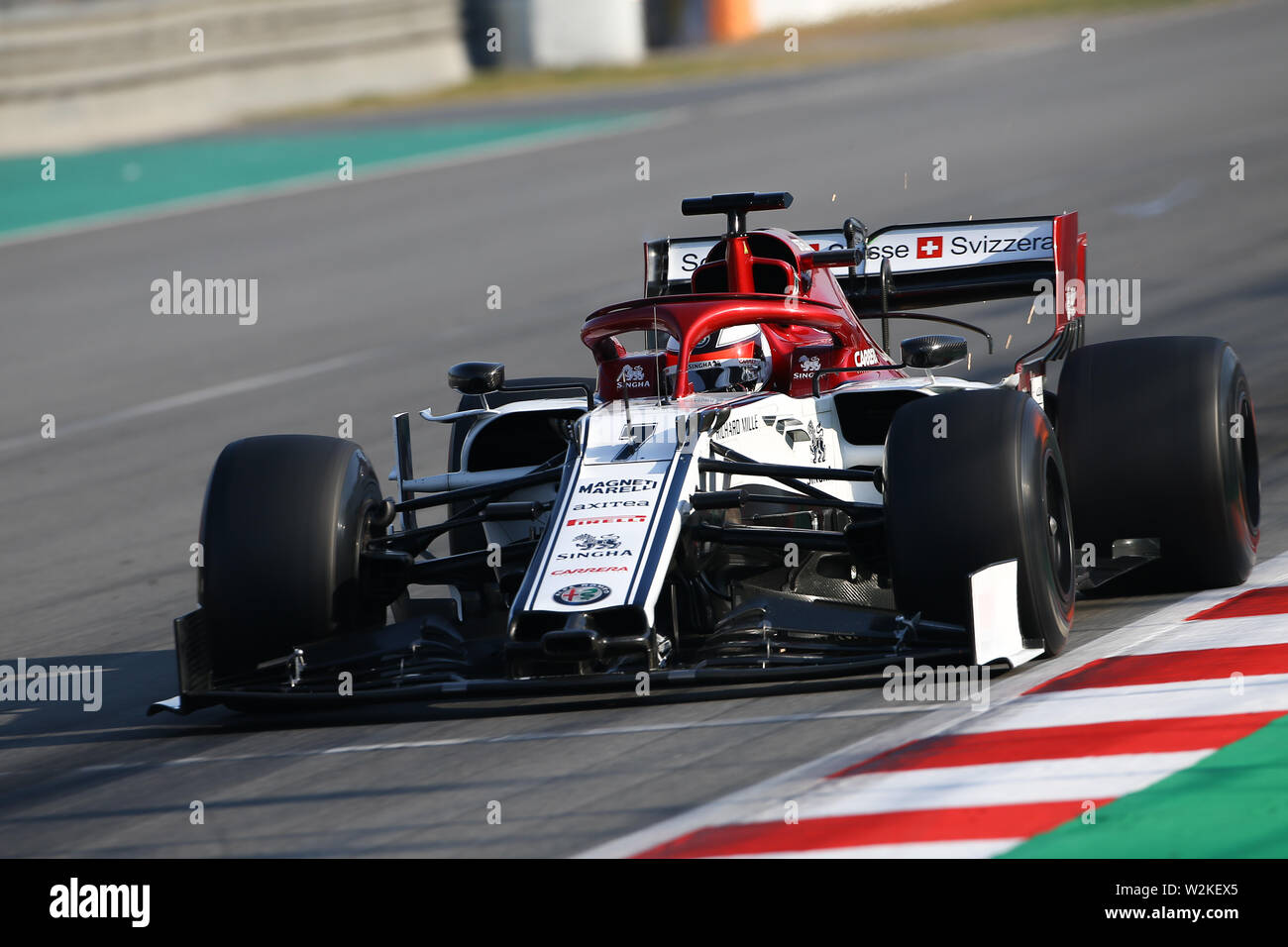 Kimi Raikkonen, carreras de Alfa Romeo, Alfa Romeo C38, las pruebas de invierno de 2019, el Circuit de Catalunya Foto de stock