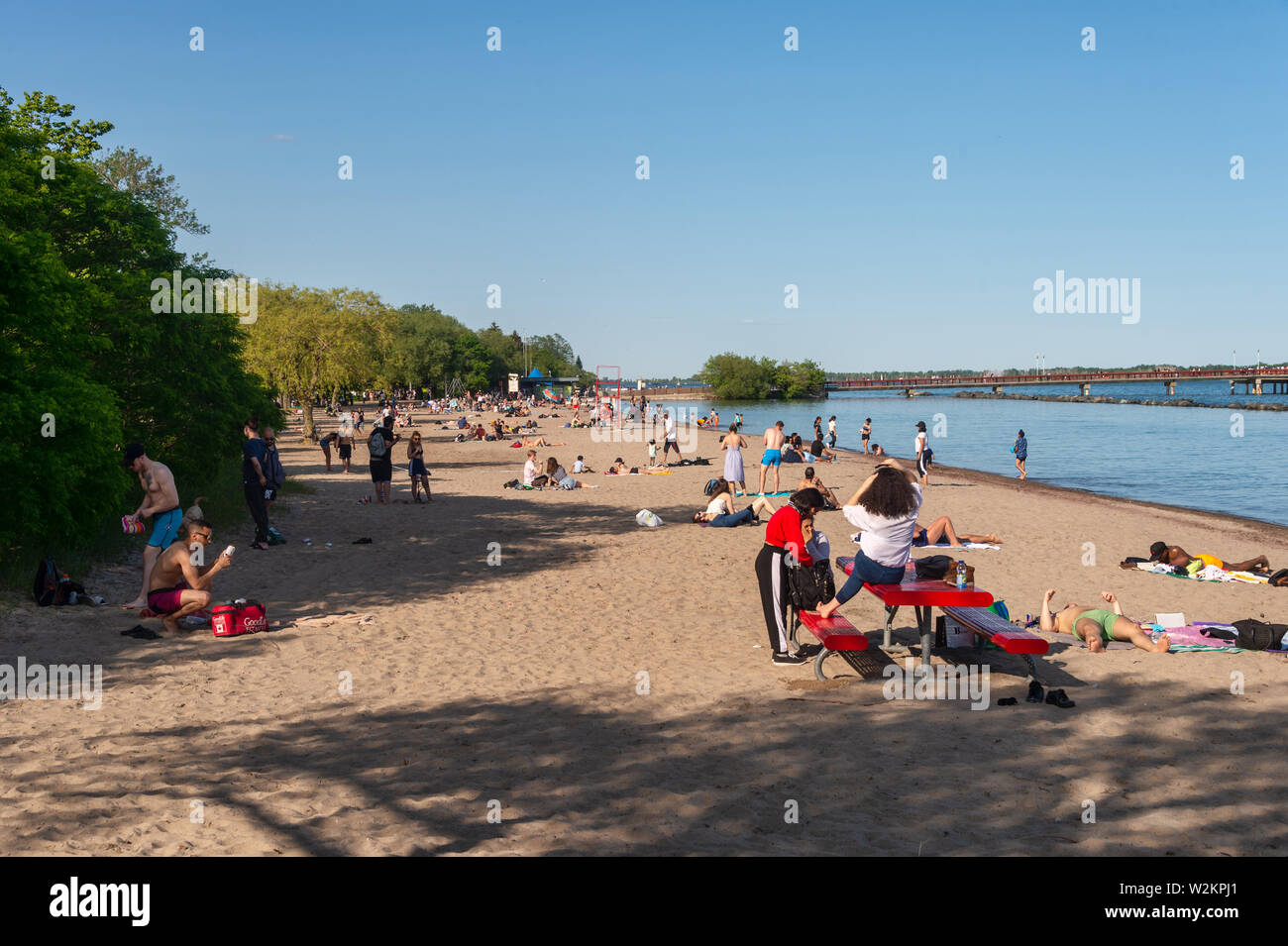 Toronto, CA - 23 de junio de 2019: la gente disfruta de un cálido día de verano en la playa en el centro de la isla. Foto de stock