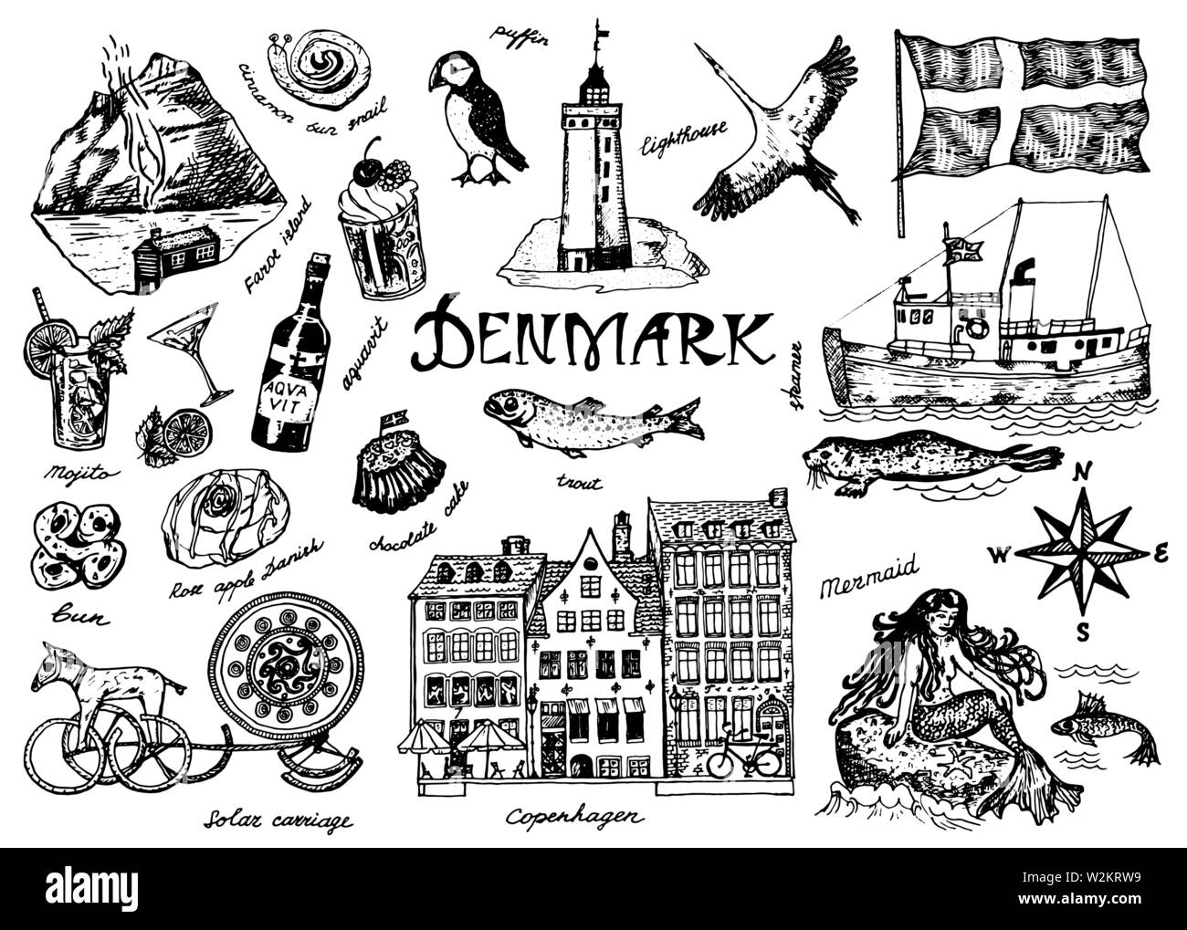 Símbolos de Dinamarca en el estilo de época. Sketch retro con señales tradicionales. La cultura escandinava, entretenimiento nacional en el país europeo. Casas Ilustración del Vector