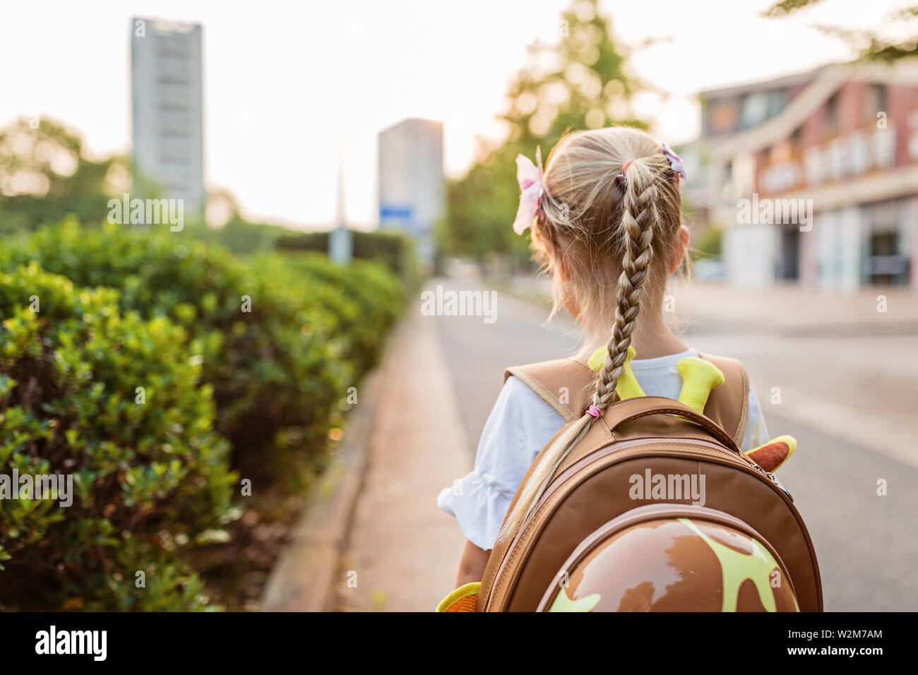 Kid alumna desde detrás caminando de regreso a casa después de la escuela de estudio de aprendizaje solo con mochilas escolares y preescolares, el kindergarten el concepto de educación. Primera Foto de stock