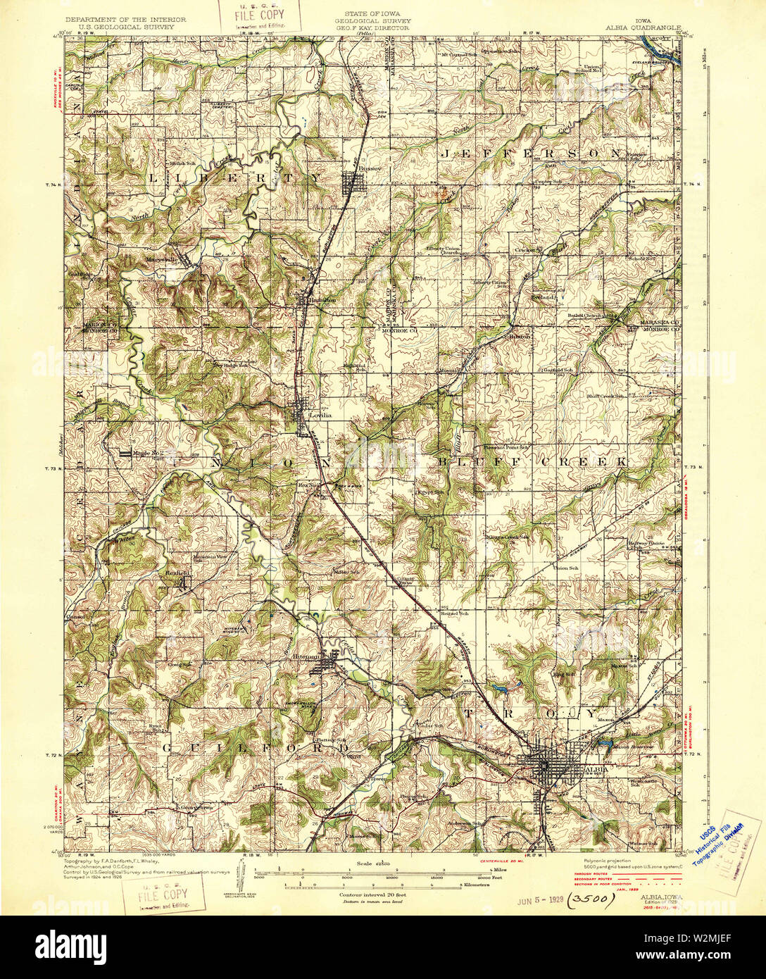 USGS TOPO Mapas Iowa IA Albia 1929 62500 174028 Restauración Foto de stock