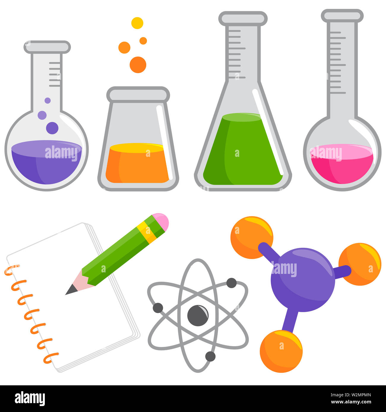 La ciencia y la química colección: tubo de ensayo botellas llenas con productos químicos, bloc de notas, lápiz, molécula y átomo. Ilustración Foto de stock