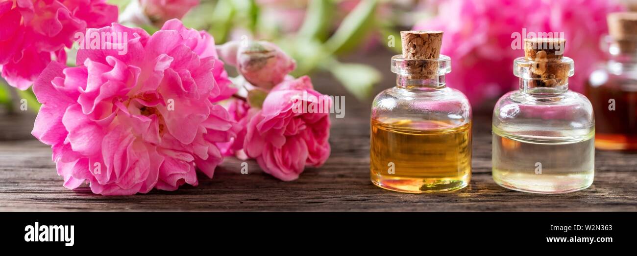Cabezal panorámico de botellas de aceite esencial y pequeñas flores rosas. Foto de stock