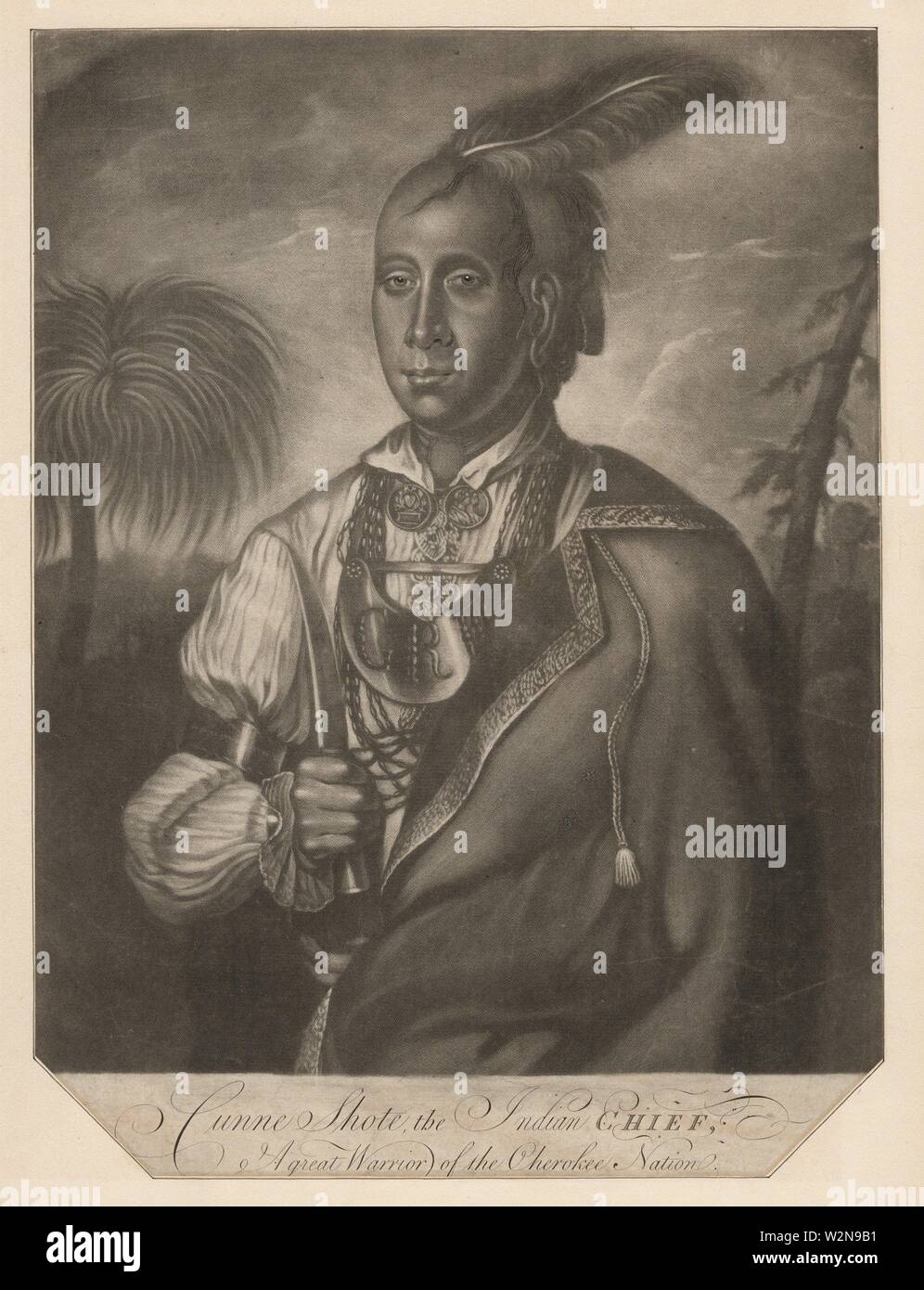 Shote Cunne, el jefe indio, un gran guerrero de la Nación Cherokee. McArdell, James (ca. 1729-1765) (Grabador). Emmet Colección de Manuscritos Foto de stock