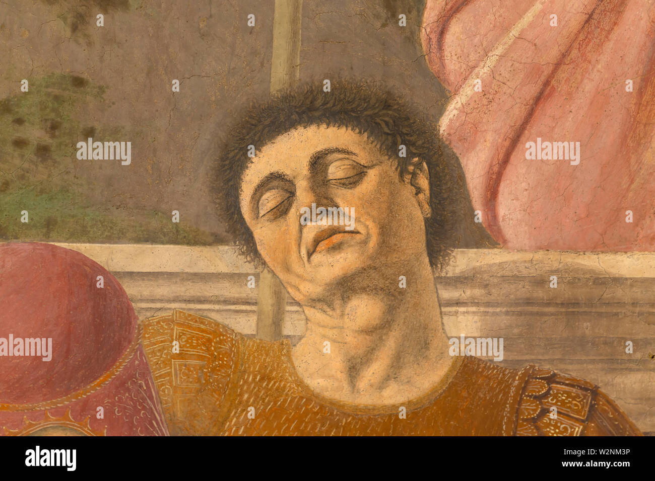 Soldado en armadura marrón, posible autorretrato de Piero della Francesca, el detalle, la Resurrección, Piero della Francesca, 2940's, Museo Civico, Sanse Foto de stock