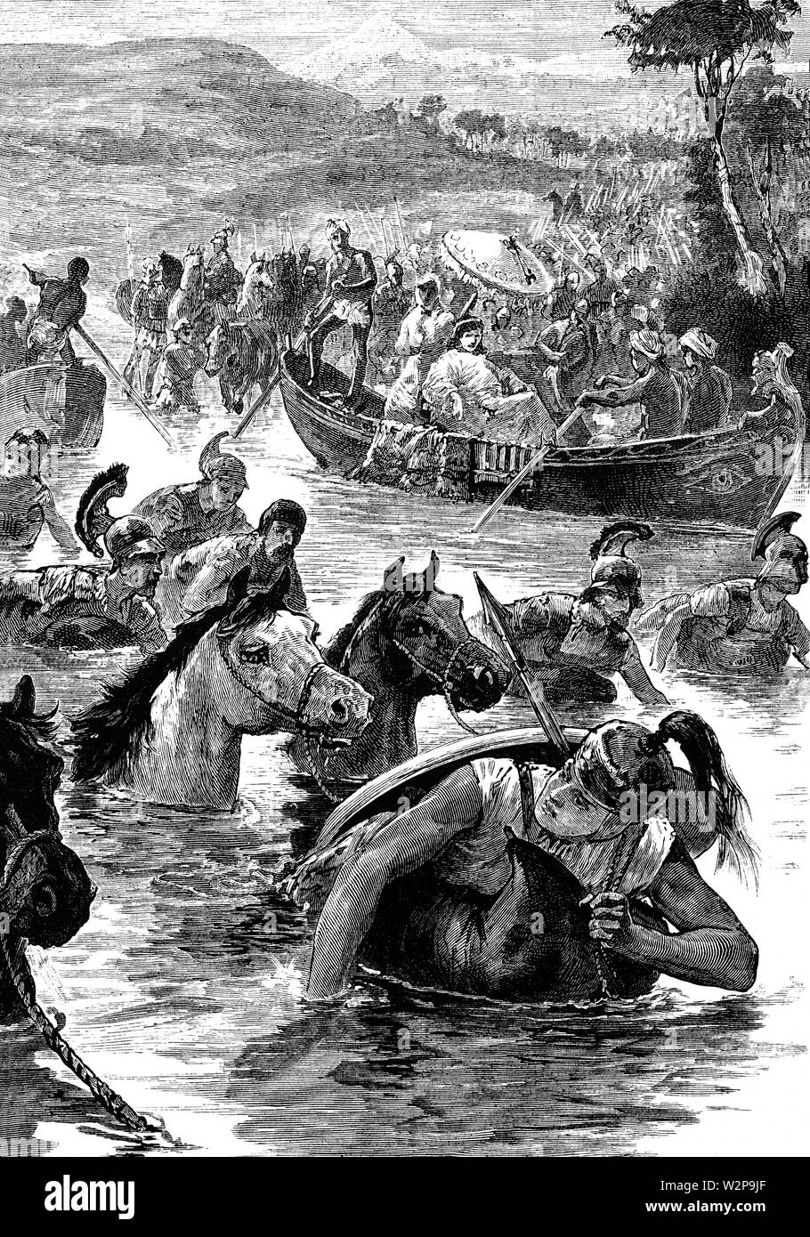 La batalla de Jaxartes fue una batalla librada en 329 A.C. por Alejandro Magno y su ejército macedonio contra los escitas en el río Jaxartes, ahora conocido como el río Syr Darya. El sitio de la batalla tuvo lugar justo al sur-oeste de la antigua ciudad de Tashkent en Uzbekistán. Los escitas fueron obligados a partir de las orillas del río por las poderosas catapultas y asedio arcos. Para los macedonios, ahora era fácil cruzar el Jaxartes, resultando en una victoria decisiva para los macedonios. Foto de stock