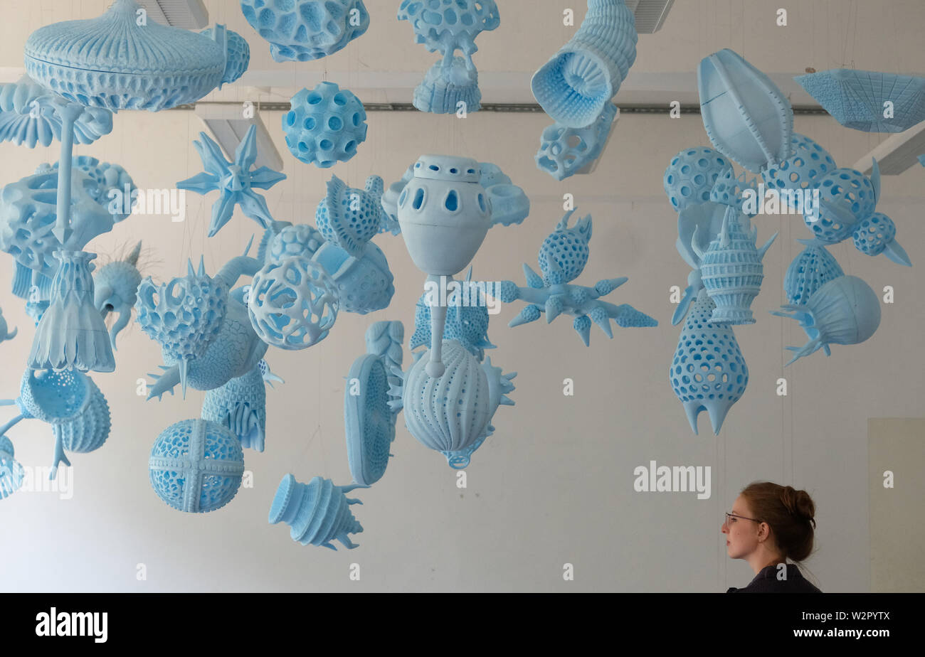 Halle, Alemania. El 10 de julio, 2019. Réplicas de enormes criaturas unicelulares de poliestireno cuelgan en el campus de diseño de Burg Giebichenstein Kunsthochschule Halle. Las obras provienen de los estudiantes del primer año de estudio en la institución y se mostrarán en la exposición anual del 12 al 14 de julio de 2019. Crédito: Sebastian Willnow/dpa-Zentralbild/ZB - Atención: Sólo para uso editorial en relación con la cobertura actual de la exposición durante la duración de la exposición y sólo con la plena mención del crédito anterior/dpa/Alamy Live News Foto de stock