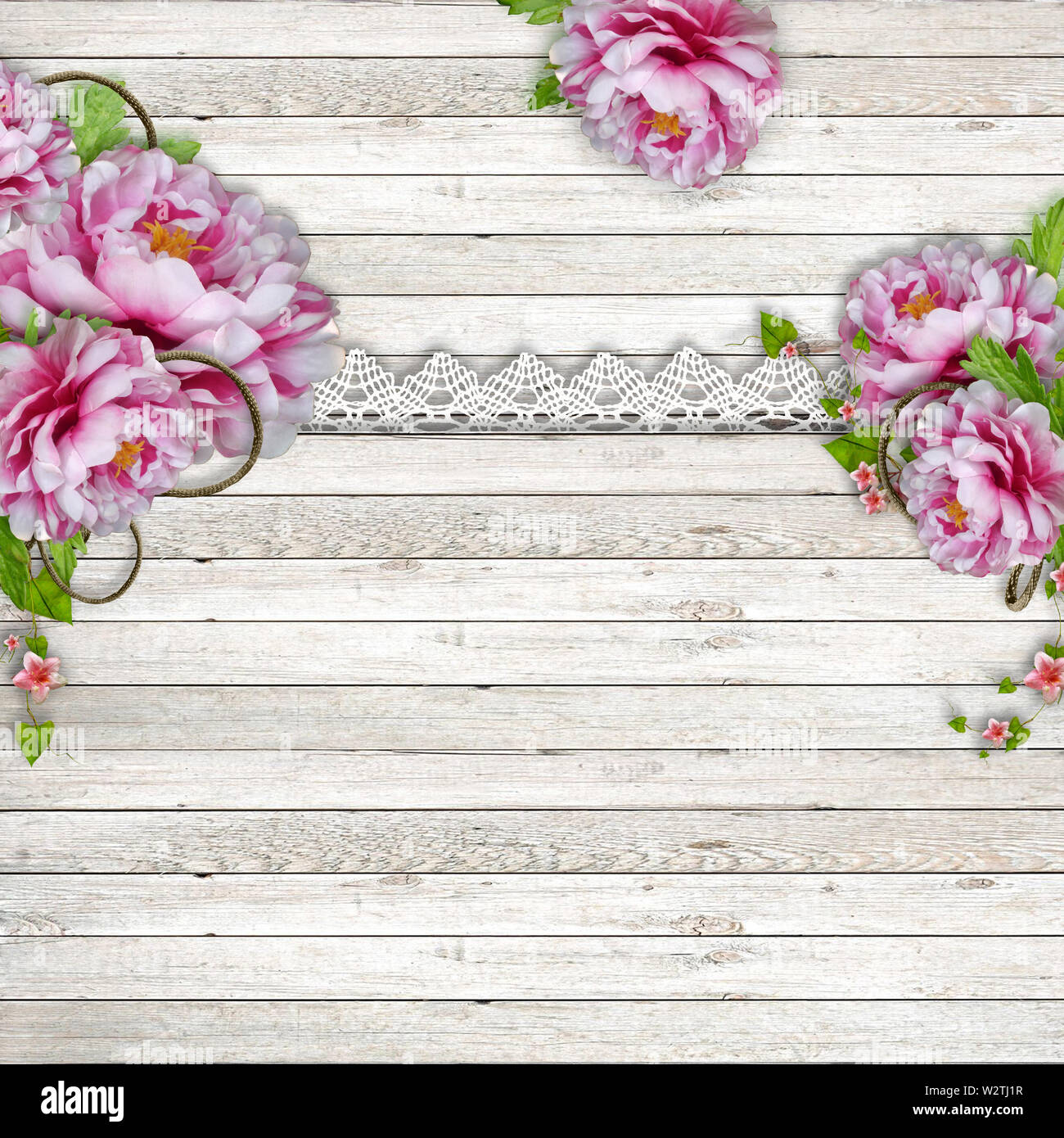 Vintage de madera con fondo rosa hermosa puntilla de peonías y puede utilizarse como tarjeta de invitación para bodas, cumpleaños y otros vacaciones y verano Foto de stock