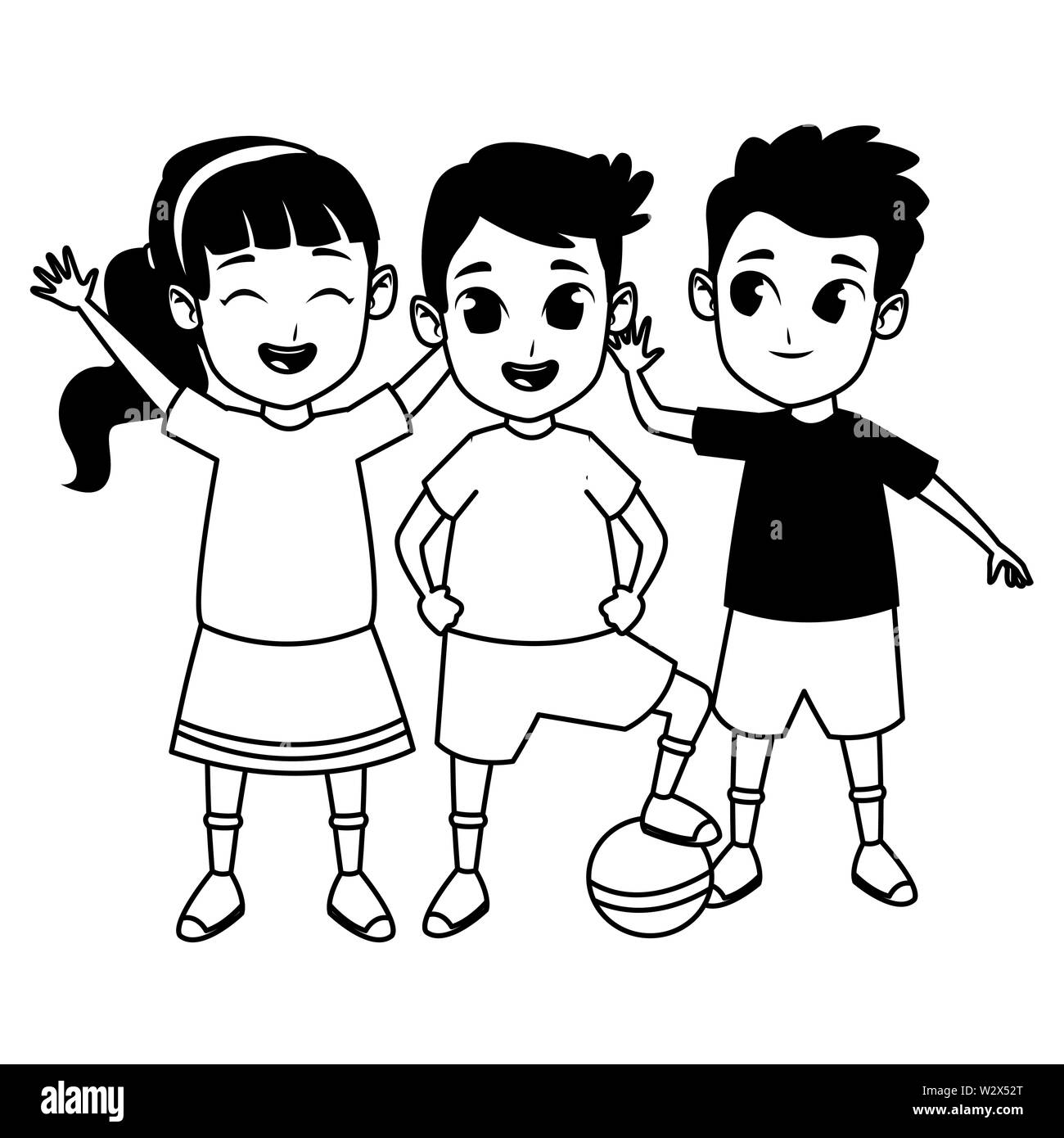 Los niños amigos jugando y sonriendo dibujos animados en blanco y negro  Imagen Vector de stock - Alamy