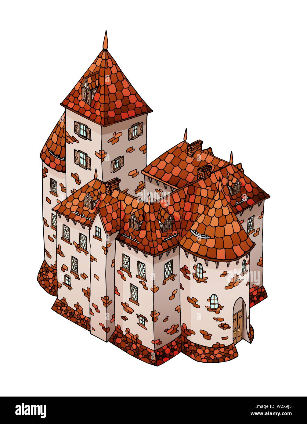 Cartoon Caballero Medieval Europeo castillo. La construcción de la fortificación de piedra Ilustración del Vector