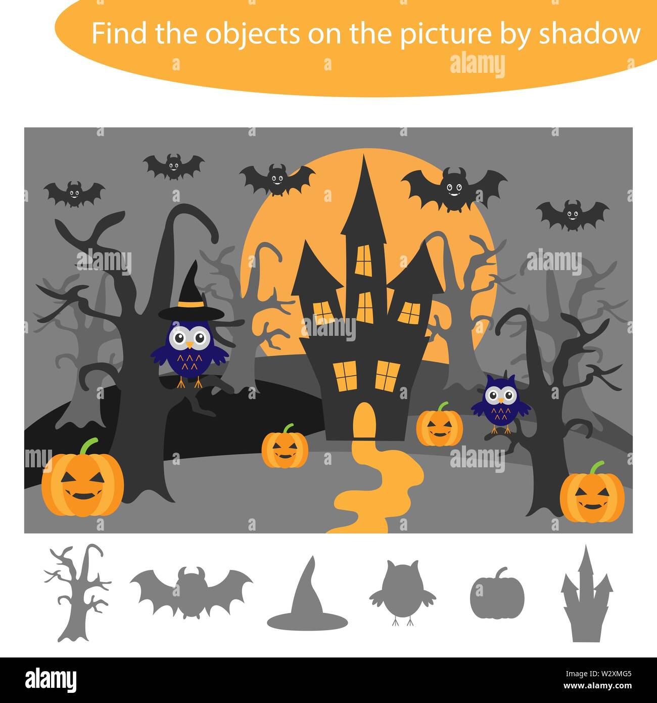 Buscar los objetos por shadow, juego con tema de Halloween para niños en  dibujos animados, juego para niños de educación preescolar, la actividad de  la hoja de cálculo, una tarea para la