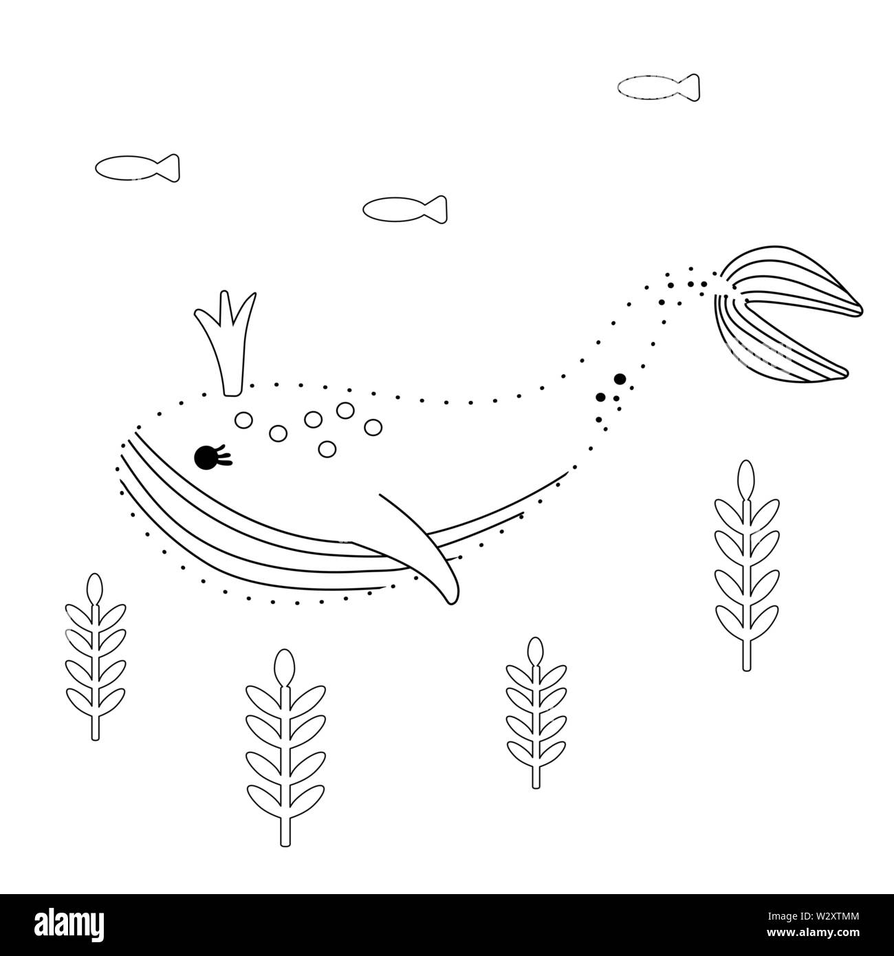 Conectar los puntos. En la raíz de la ballena submarino póster de dibujos  animados. Marine Página de libro para colorear para los niños. Línea en  blanco y negro artículo ilustración vectorial de
